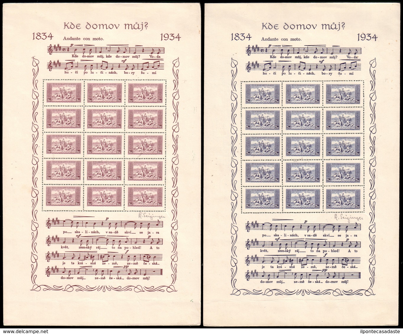 MNGAI ) CECOSLOVACCHIA 1934 | "Centenario Dell'inno Nazionale". Serie Completa Di 2 Fogli Su Carta Spessa, Ra - Ungebraucht