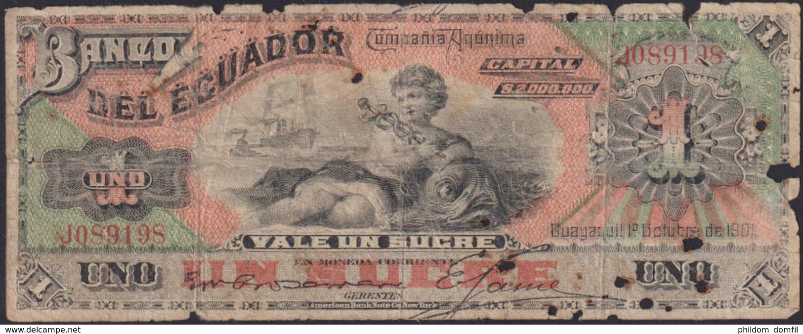 Ref. 809-1231 - BIN ECUADOR . 1. 1 SUCRE 1901 BANK OF ECUADOR. 1 SUCRE 1901  BANCO DEL ECUADOR - Ecuador