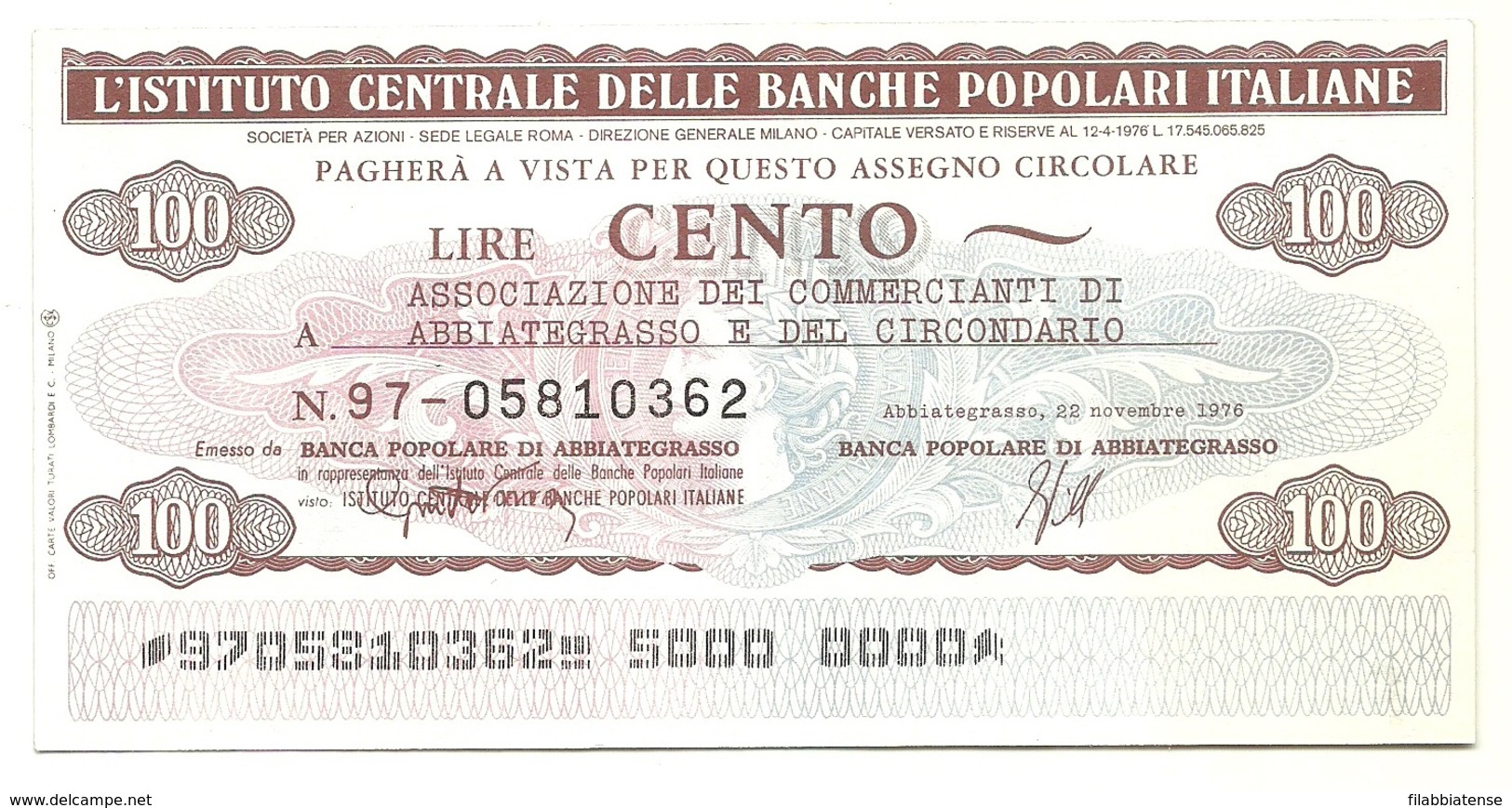 1976 - Italia - Istituto Centrale Delle Banche Popolari Italiane - Ass. Comm. Di Abbiategrasso E Circondario - [10] Assegni E Miniassegni