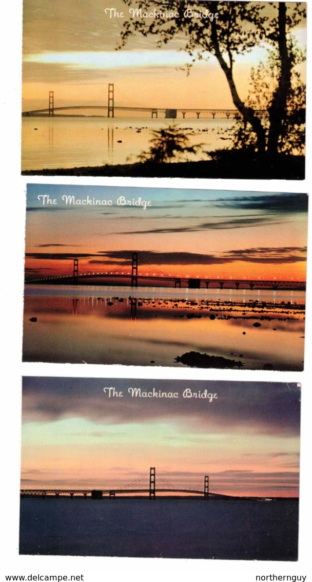 3 MACKINAC  BRIDGE Michigan, USA, 3 Different Old Chrome Postcards - Sonstige & Ohne Zuordnung