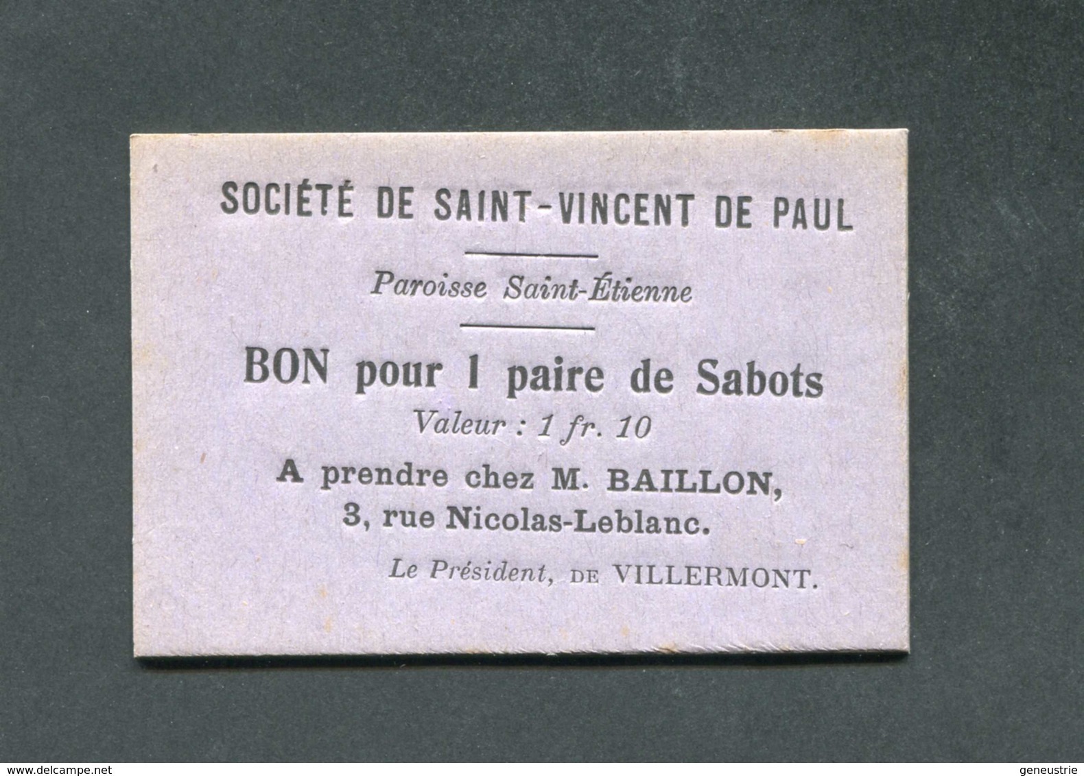 WWI Monnaie De Nécessité Carton De Rationnement - Bourges (Cher) Bon Pour 1 Paire De Sabots / Sté St Vincent De Paul WW1 - Monétaires / De Nécessité