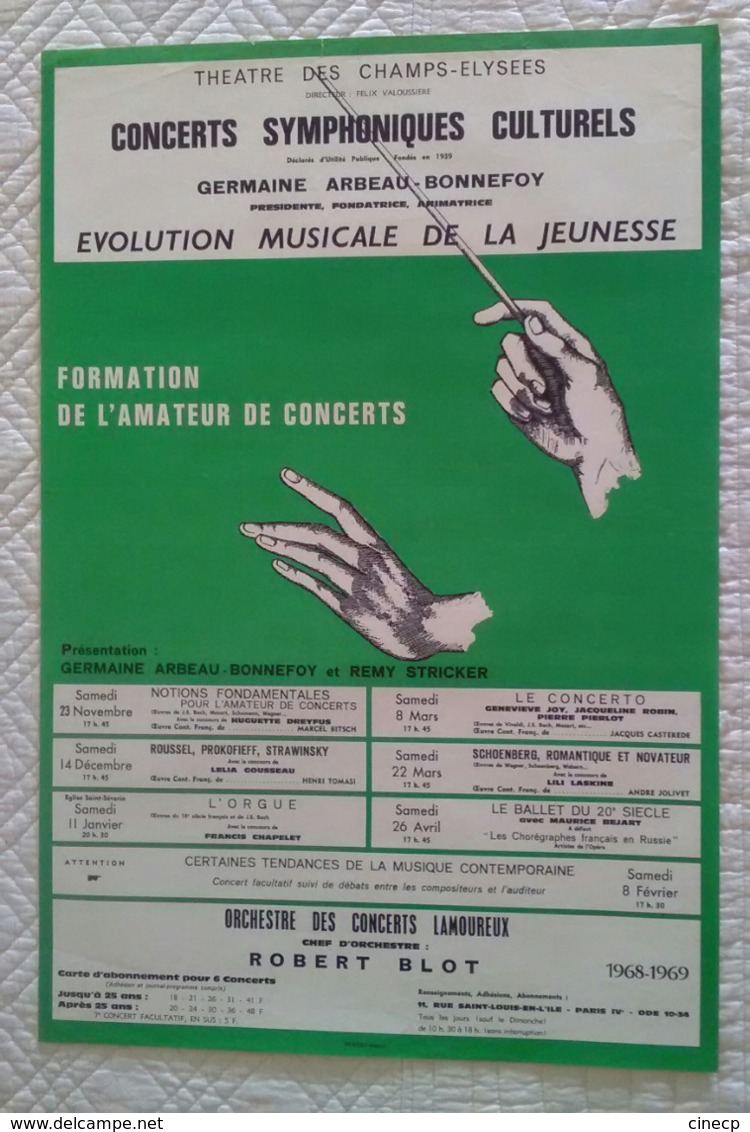 AFFICHE ANCIENNE ORIGINALE CONCERT THEATRE DES CHAMPS ELYSEES 1969 G ARBEAU BONNEFOY R STRICKER - Affiches