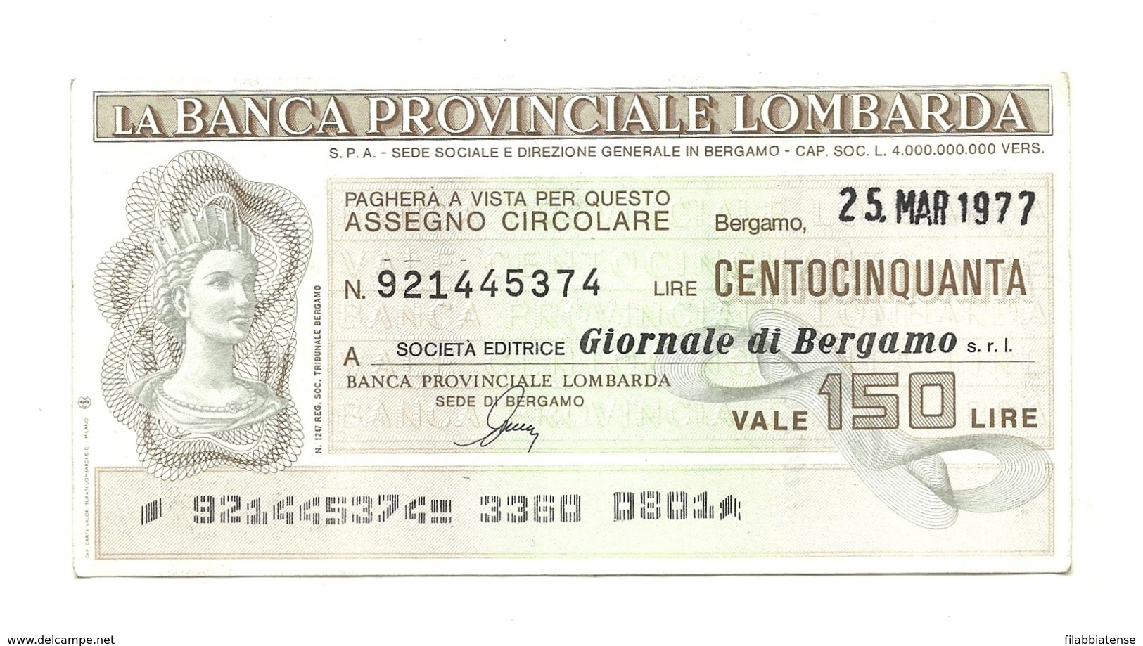 1977 - Italia - La Banca Provinciale Lombarda - Soc. Ed. Giornale Di Bergamo S.r.l. - [10] Assegni E Miniassegni
