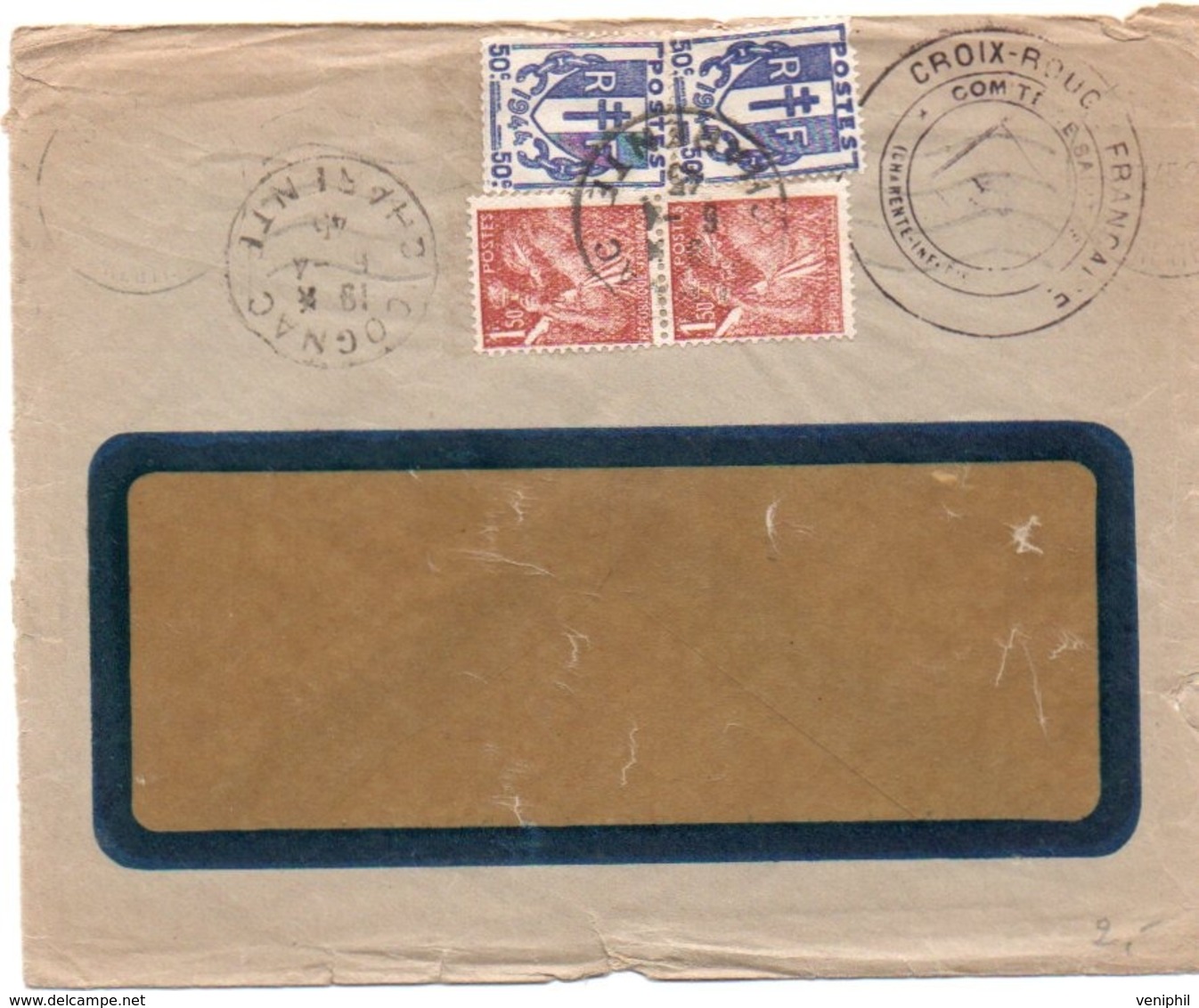 LETTRE AFFRANCHIE N° 652 + 673 OBLITERE CAD COGNAC -CHARENTE + CACHET VIOLET CROIX ROUGE 1945 - Rode Kruis