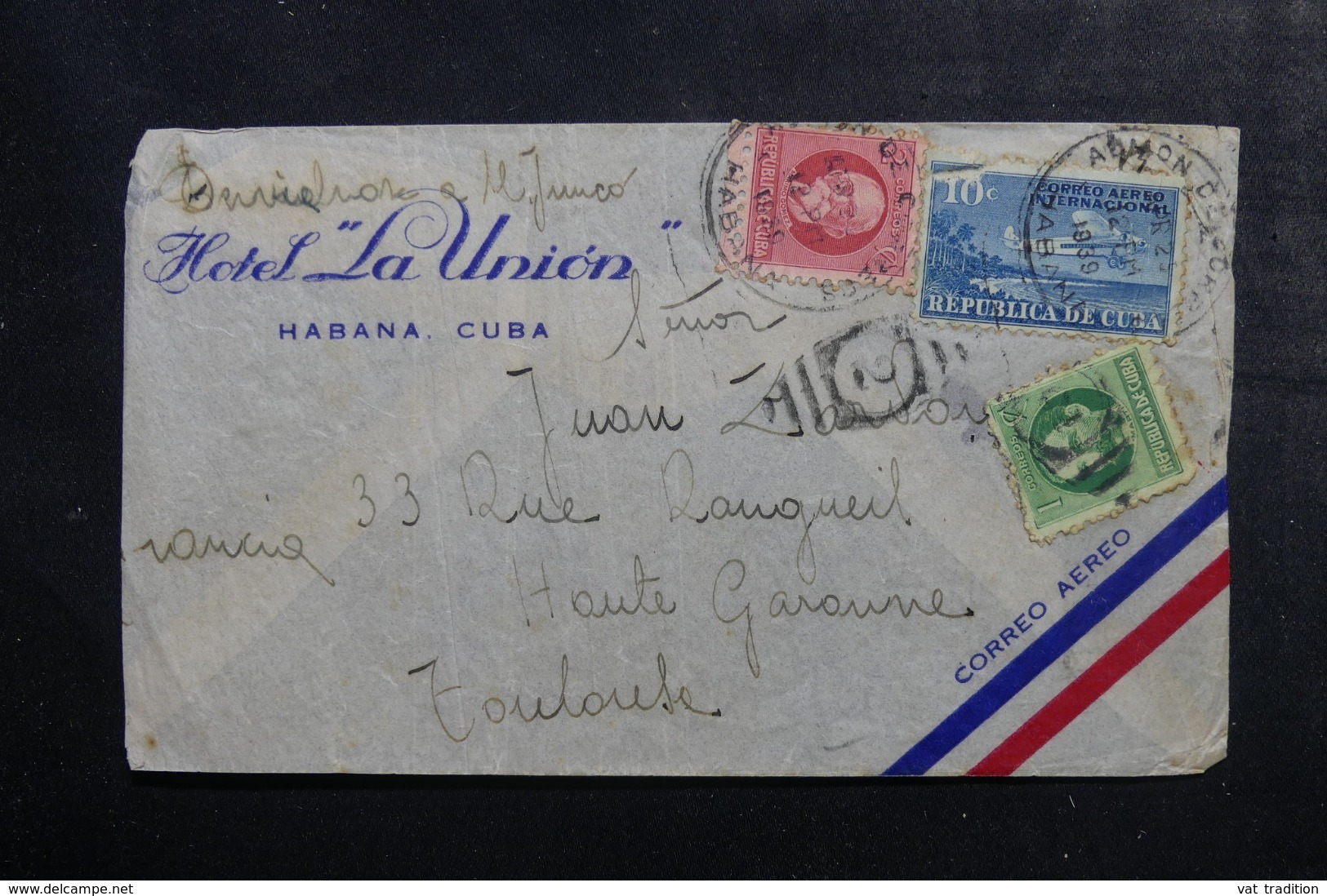 CUBA - Enveloppe De L 'Hôtel  " La Union " De La Havane Pour La France En 1939, Affranchissement Plaisant - L 44950 - Covers & Documents