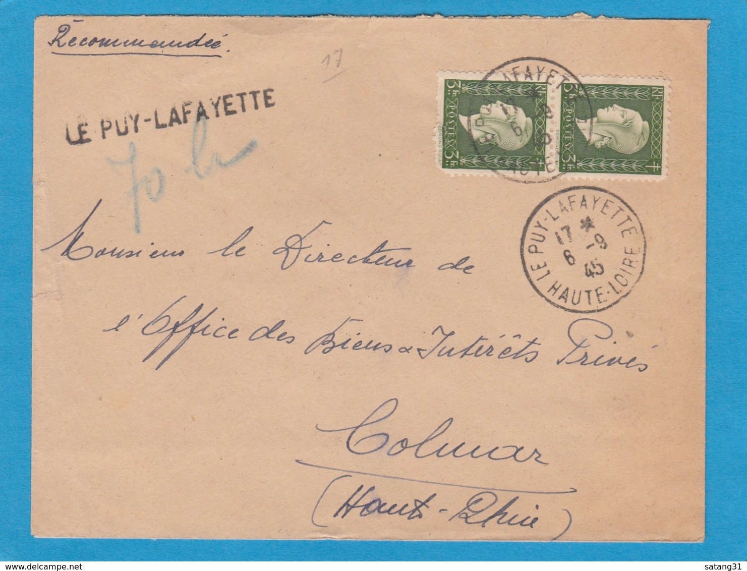 LETTRE RECOMMANDÉE DE "LE PUY-LAFAYETTE" AVEC CACHET DE FORTUNE POUR COLMAR. - Briefe U. Dokumente