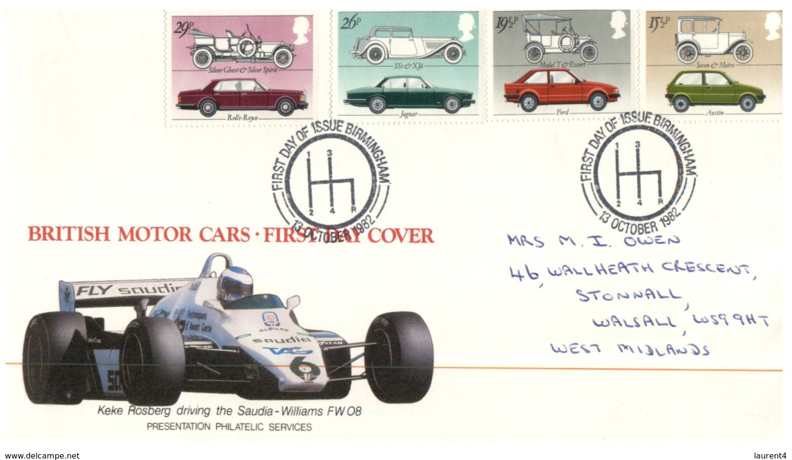 (DE 27) UK FDC Cover - 1982 - British Motor Car + Formula 1 Keke Rosberg Saudia Wiliams FW 08 - Cars