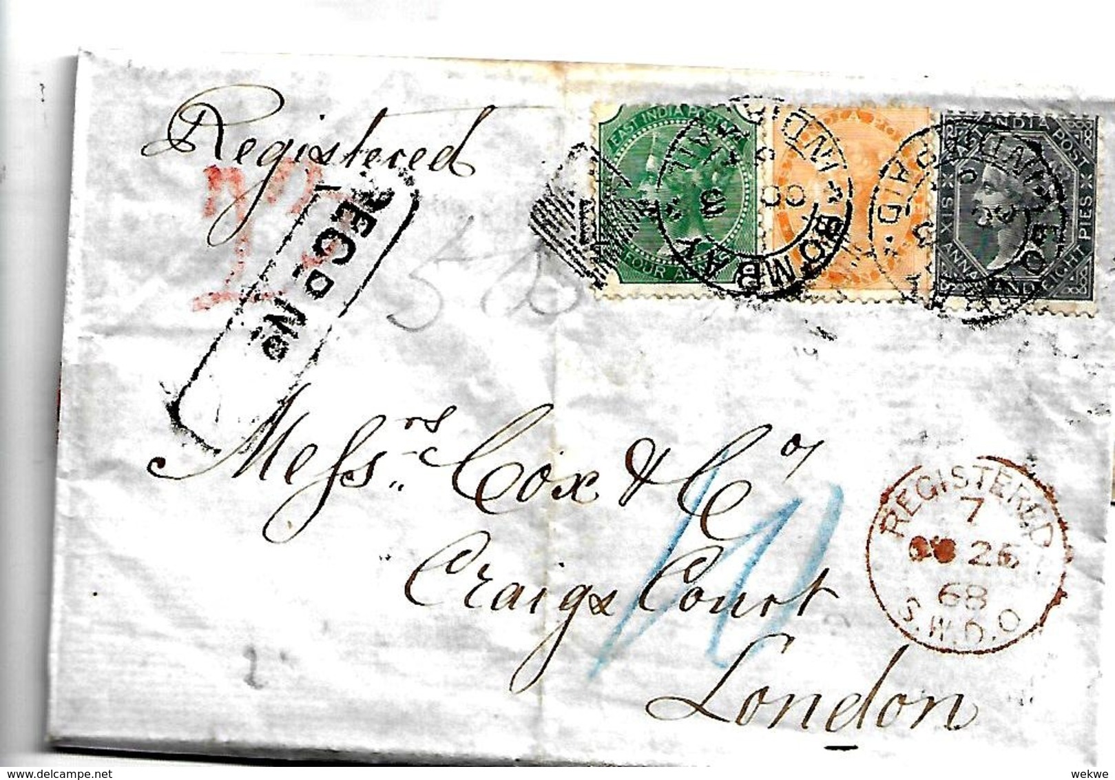 IB090 / BRIT. INDIEN - (Mi.Nr. 20 B) 4 A (Mi.Nr. 24) 6 A (Mi.Nr. 25) Per Einschreiben Bombay-London 1868 - 1858-79 Compañia Británica Y Gobierno De La Reina