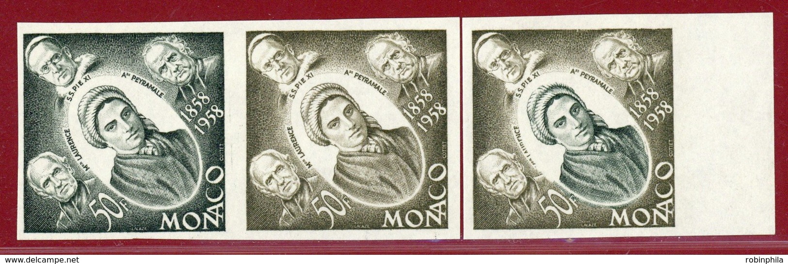 Monaco 1958 #421, Color Proof X3, Bernadette, Pope Pius XI - Nuevos