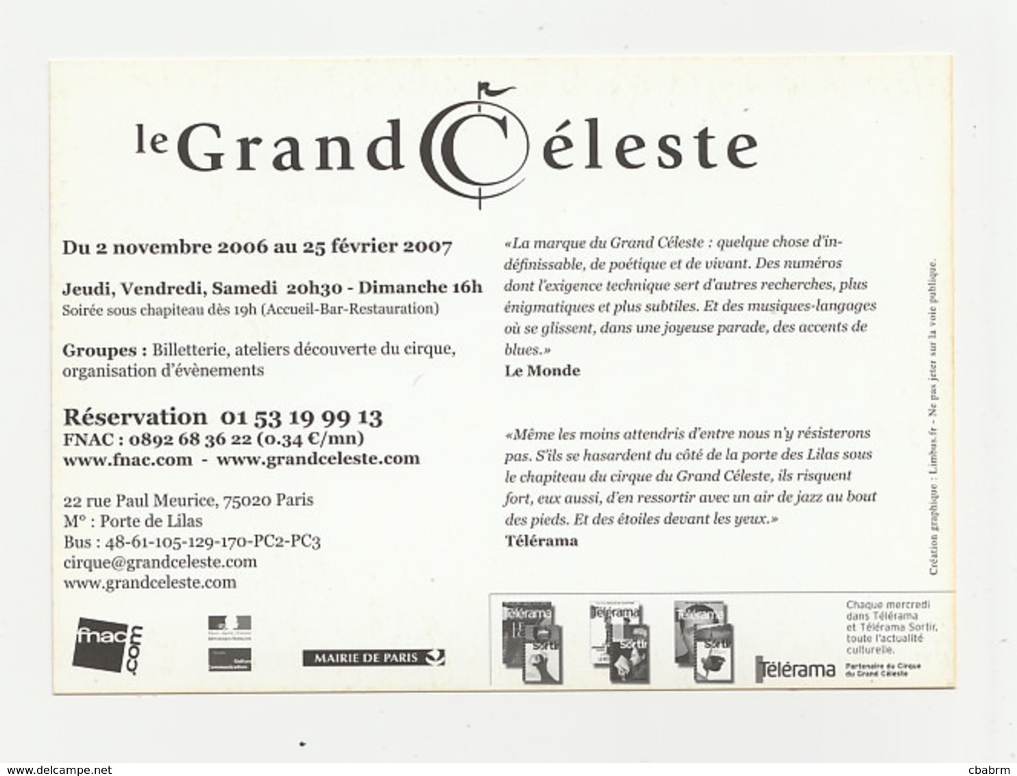 DROLE DE MONDE Carte Publicitaire CIRQUE DU GRAND CELESTE - Pubblicitari