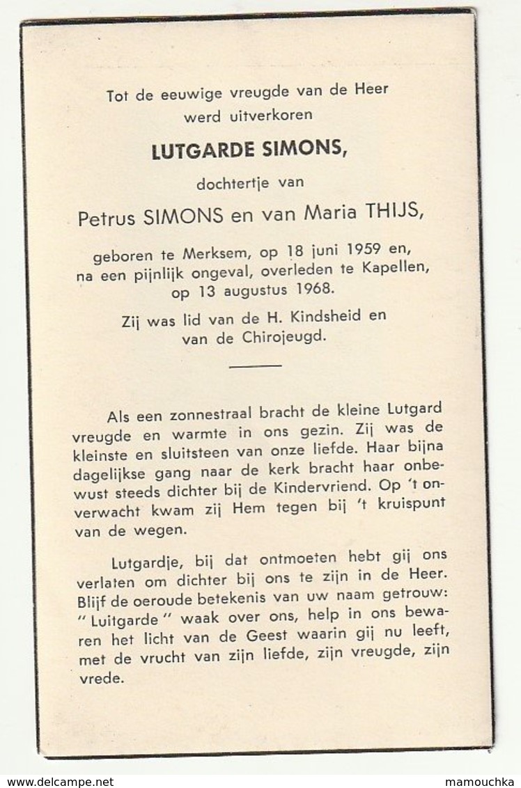 Doodsprentje Lutgarde SIMONS Dochtertje Thijs Merksem 1959 Kappellen 1968 (kind) - Images Religieuses