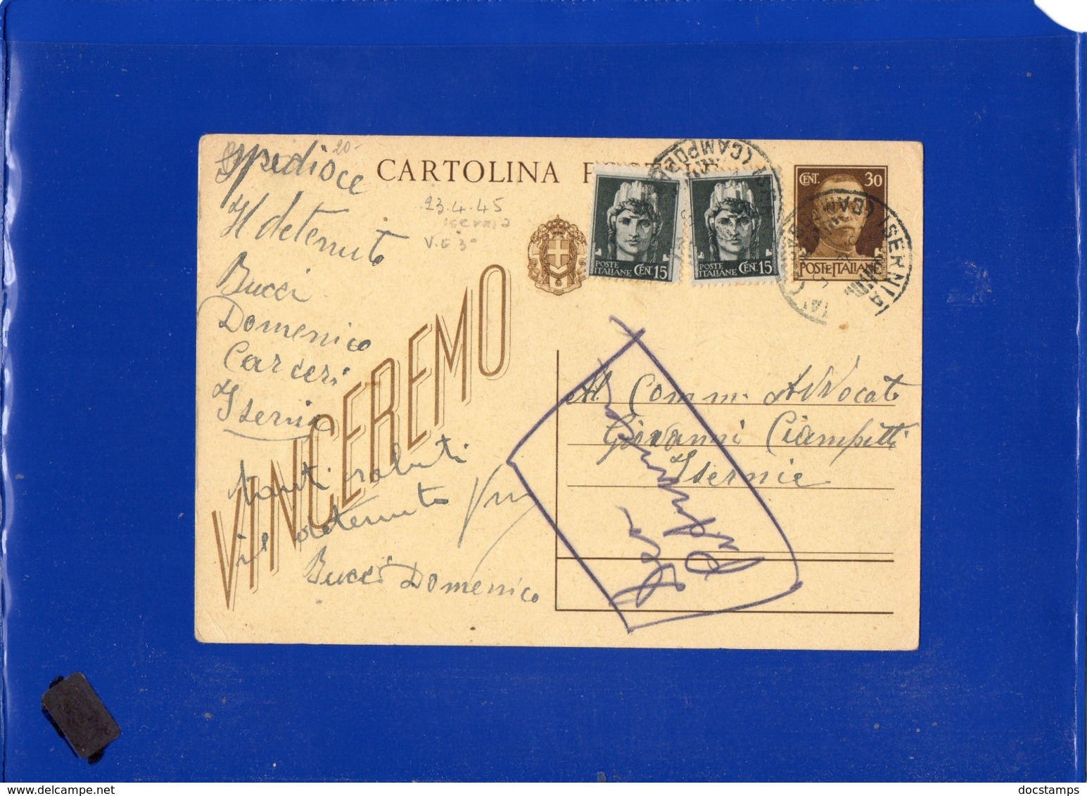 ##(DAN1910)-23-4-1945-Cartolina Postale Vinceremo Cent 30 Da Isernia Per Città In Tariffa Cent 60 - Storia Postale