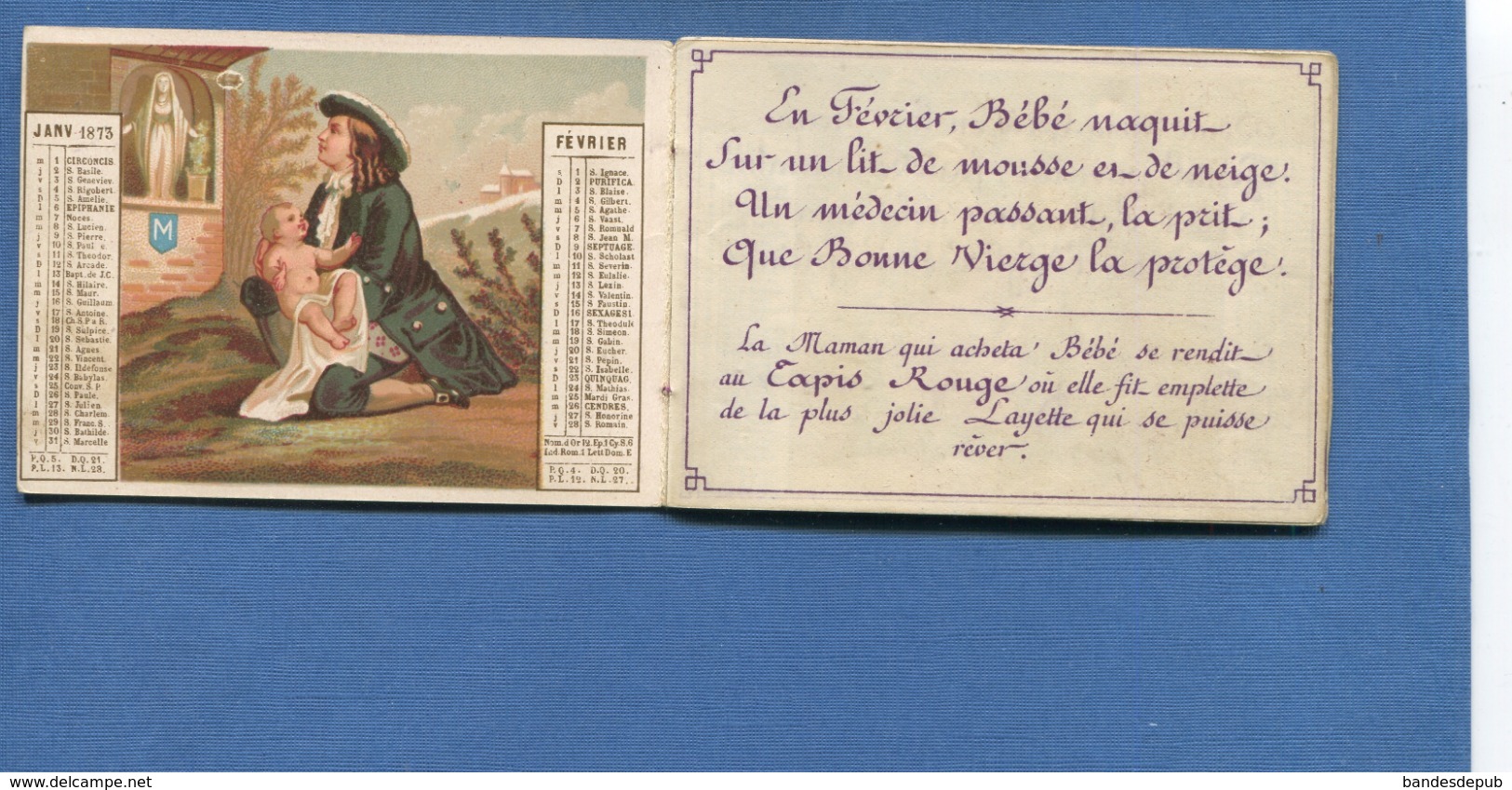 TRES RARE Tapis Rouge Paris Calendrier Almanach Bognard Bébé Bapteme Petite Fille école Alphabet Communion Mariage 1873 - Tamaño Pequeño : ...-1900