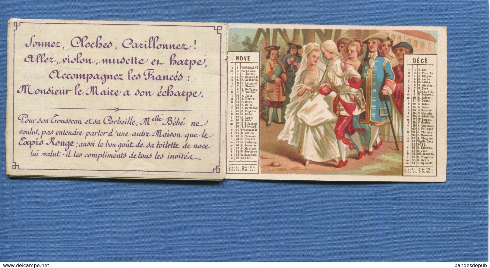 TRES RARE Tapis Rouge Paris calendrier almanach Bognard bébé bapteme petite fille école alphabet communion mariage 1873