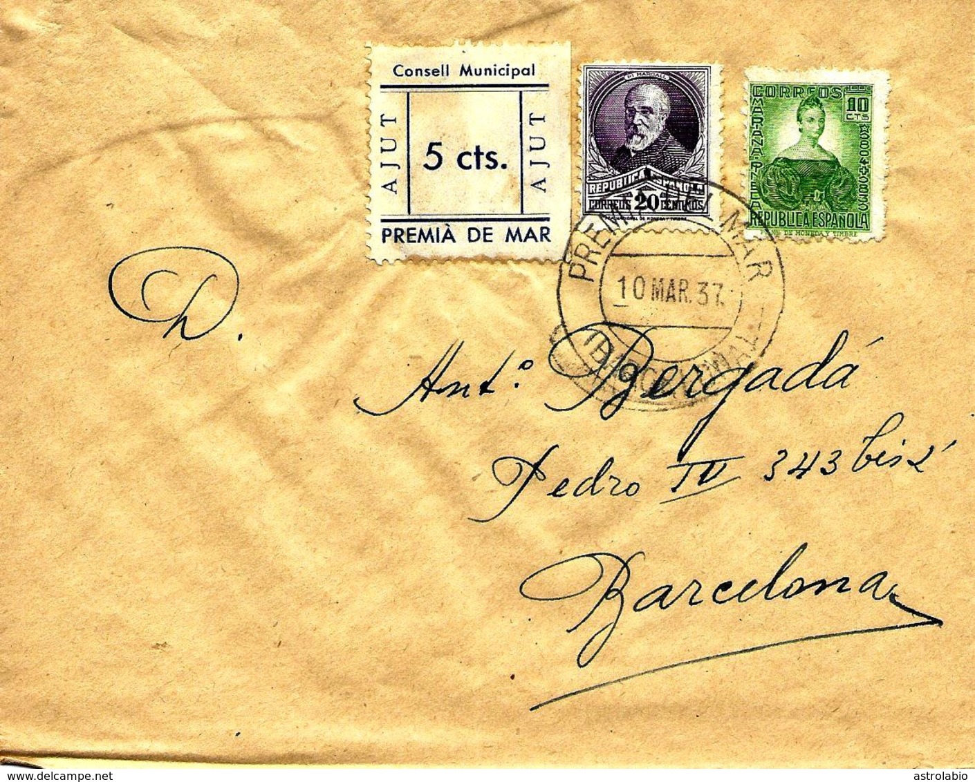 Premiá De Mar A Barcelona 1937, Carta Con Locales. Guerre D'Espagne - Emissions Républicaines