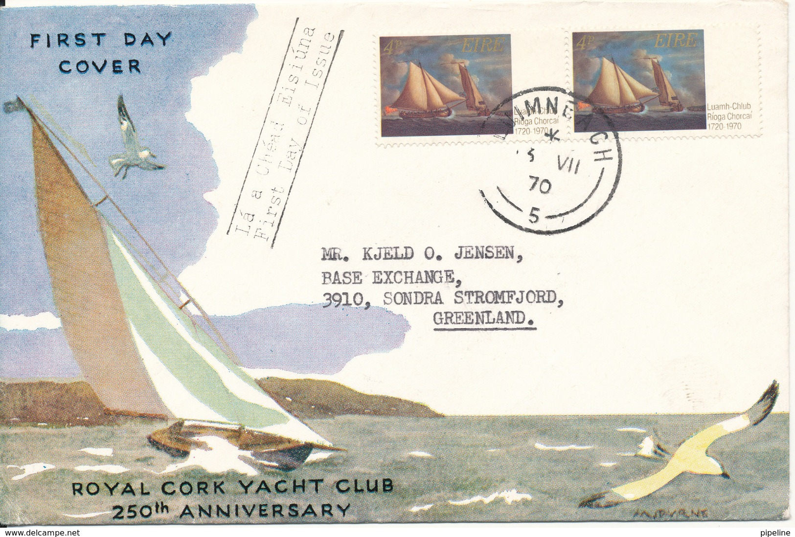 Ireland FDC 13-7-1970 Royal Cork Yarts Club 250th Anniversary With Cachet Sent To Greenland - FDC