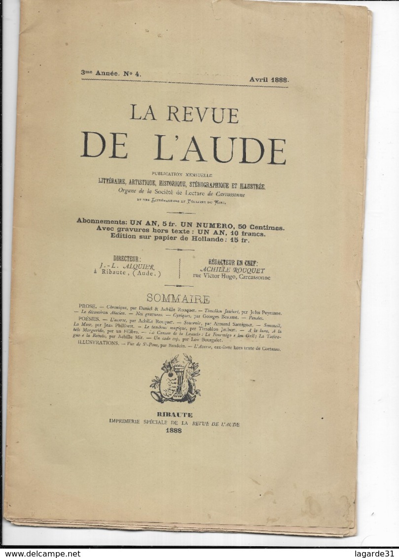 Rare La Revue De L'aude Avril 1888 - Ribaute - Tijdschriften - Voor 1900