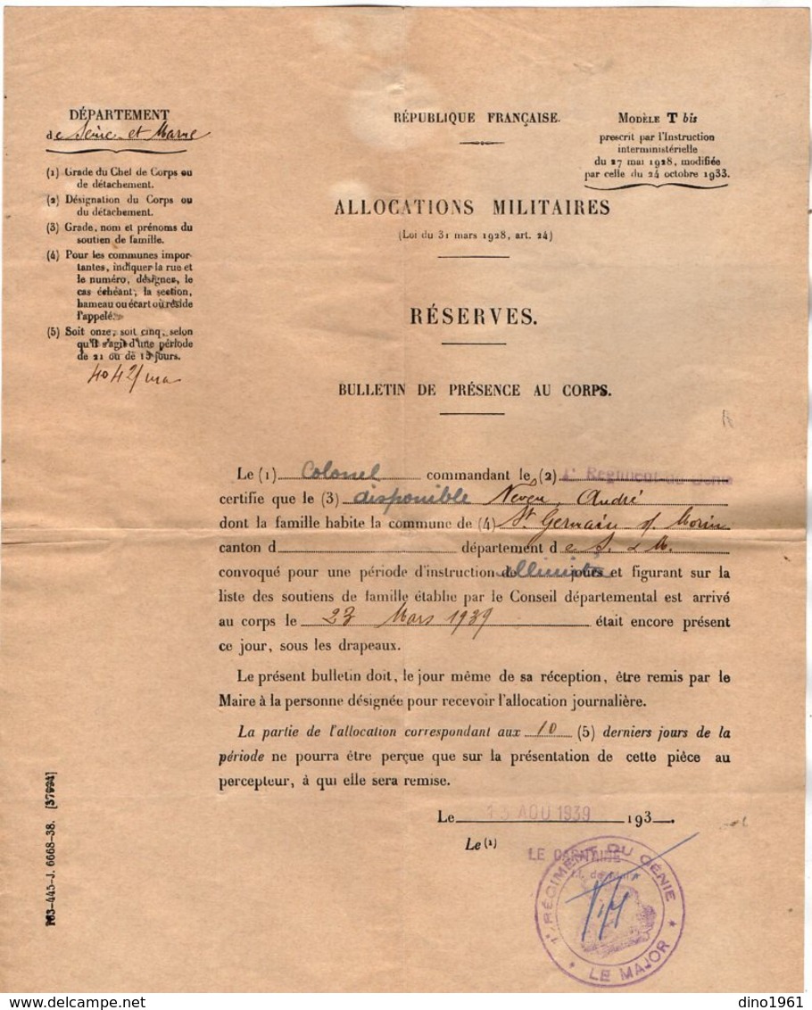 VP15.858 - MILITARIA - Guerre 39 / 45 - Bulletin De Présence Au Corps - Soldat A.NEVEU Au 1er Rgt Du Génie - Dokumente