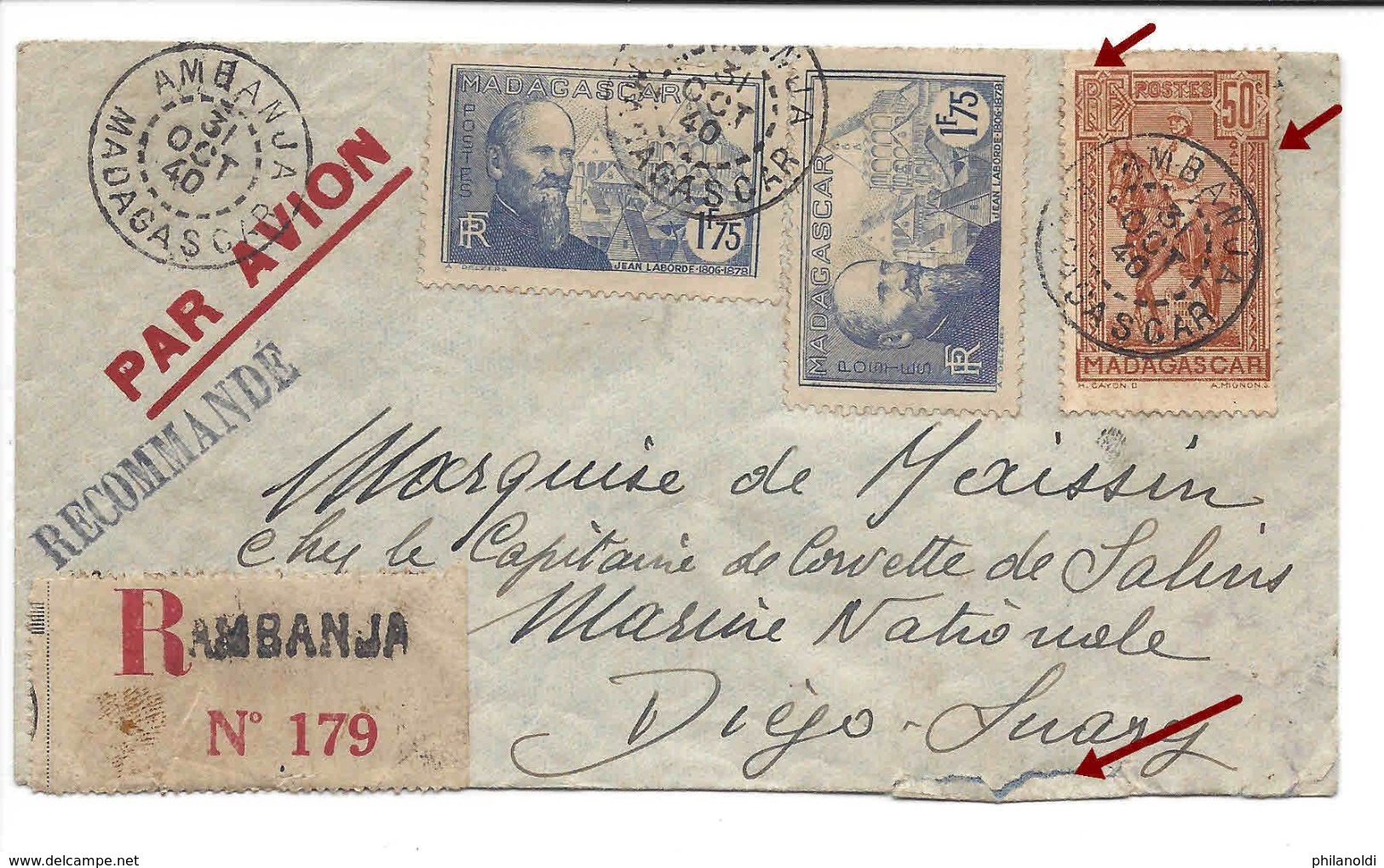 RARE CAD " DIEGO-SUAREZ-NAVAL " 2 Nov 1940, Lettre Recommandée Par Avion MADAGASCAR AMBANJA Pour Marine Nationale - Poste Navale