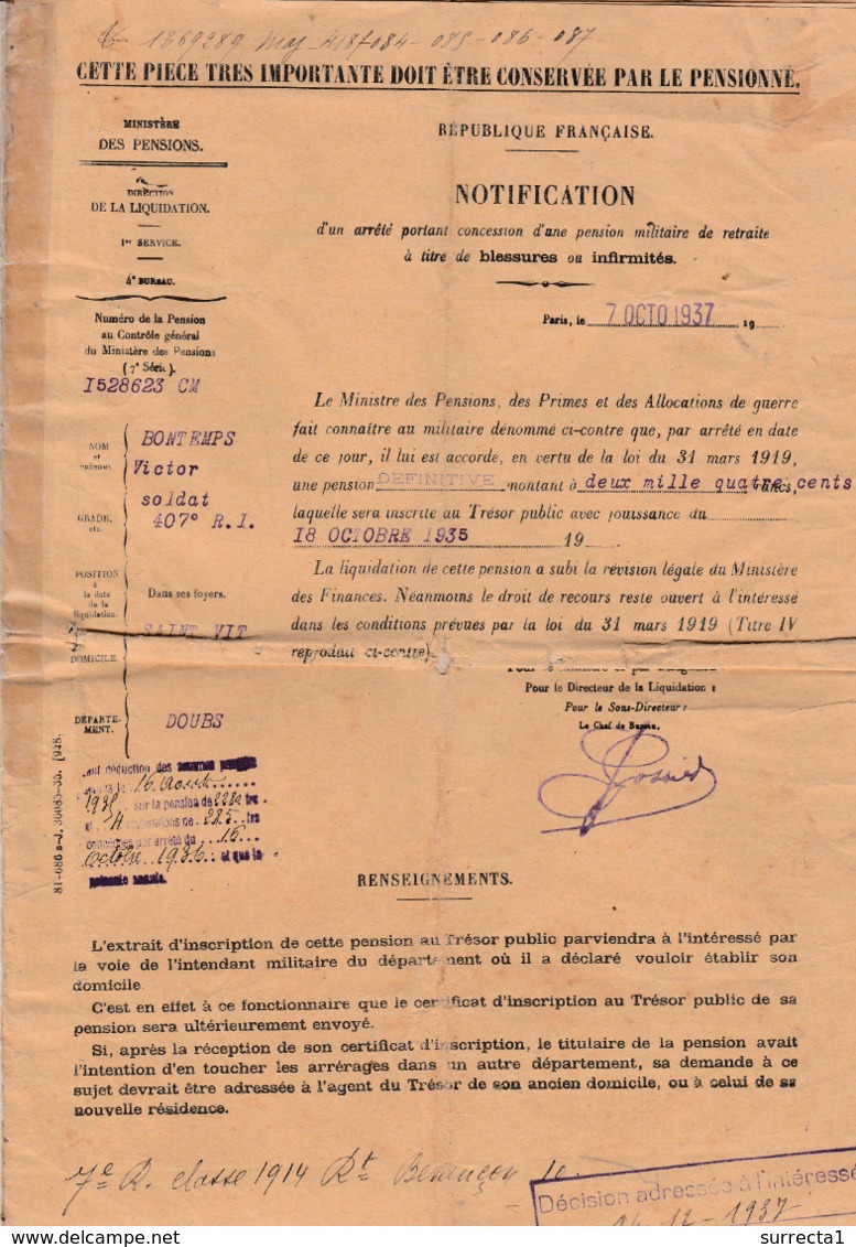 Notification De Pension Pour Soldat Blessé / Classe 1914 / Amputation Cuisse Droite - 1914-18