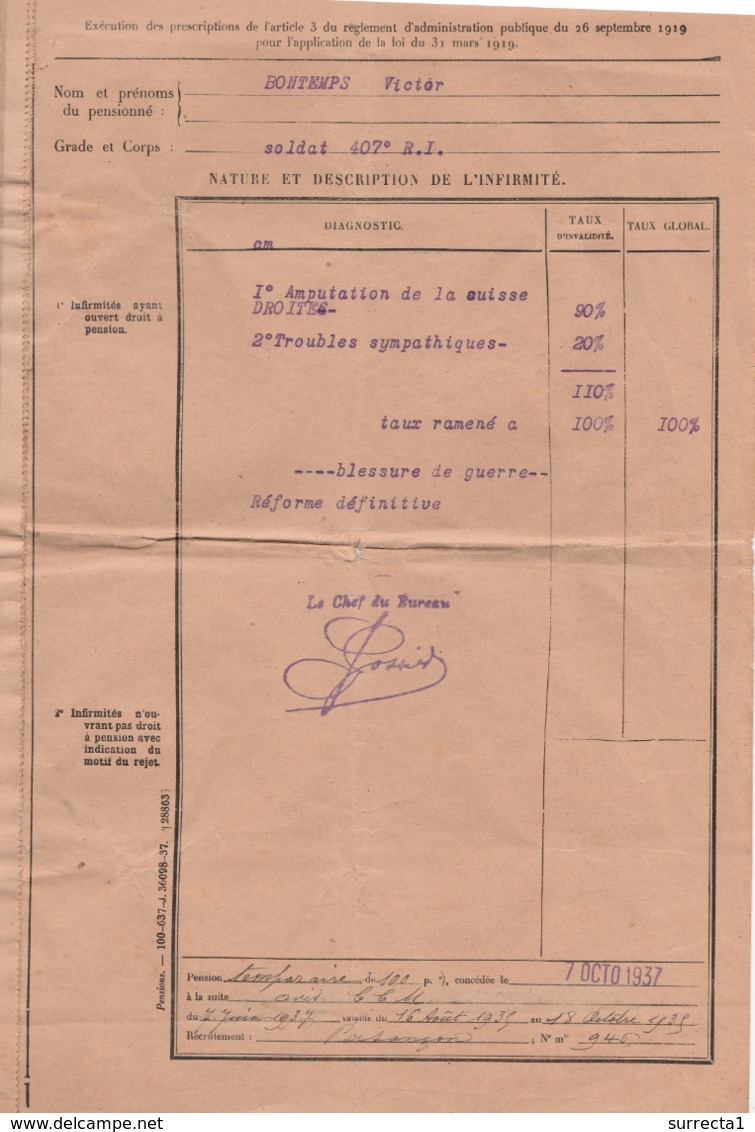 Notification De Pension Pour Soldat Blessé / Classe 1914 / Amputation Cuisse Droite - 1914-18