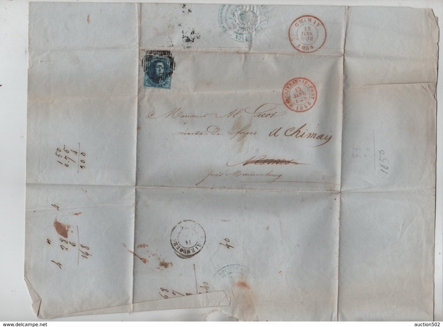 PR7510/ TP 7 S/LAC C.Marchienne-au-Pont 13/Janv/1856 > Nismes Barré Près Mariembourg Redirigé > Chimay C.d'arrivées - Postmarks - Lines: Perceptions