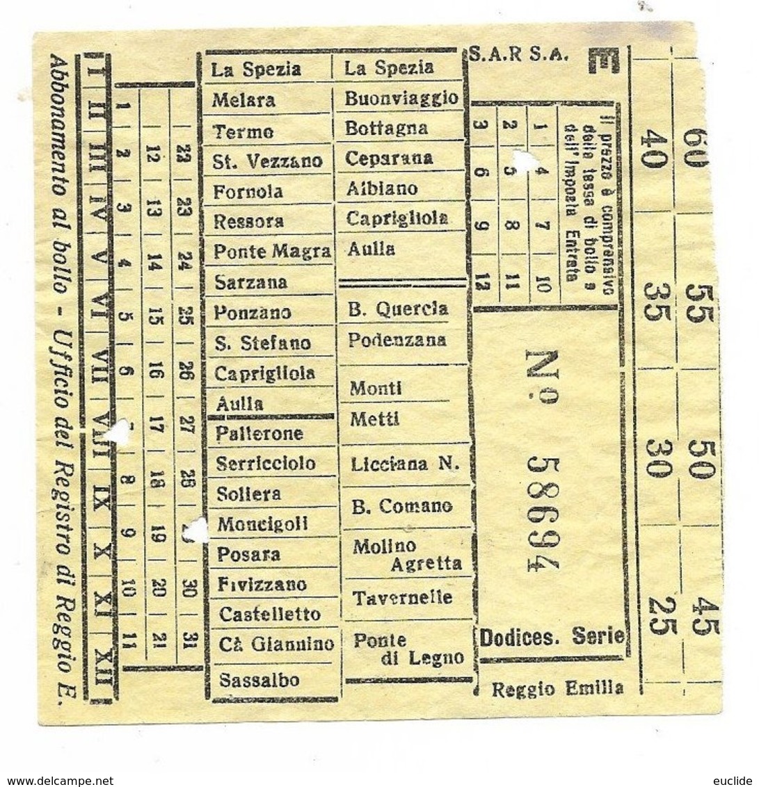 Biglietto Autobus SARSA Reggio Emilia Linee La Spezia Aulla Sassalbo Ponte Di Legno Anni 50 - Europa
