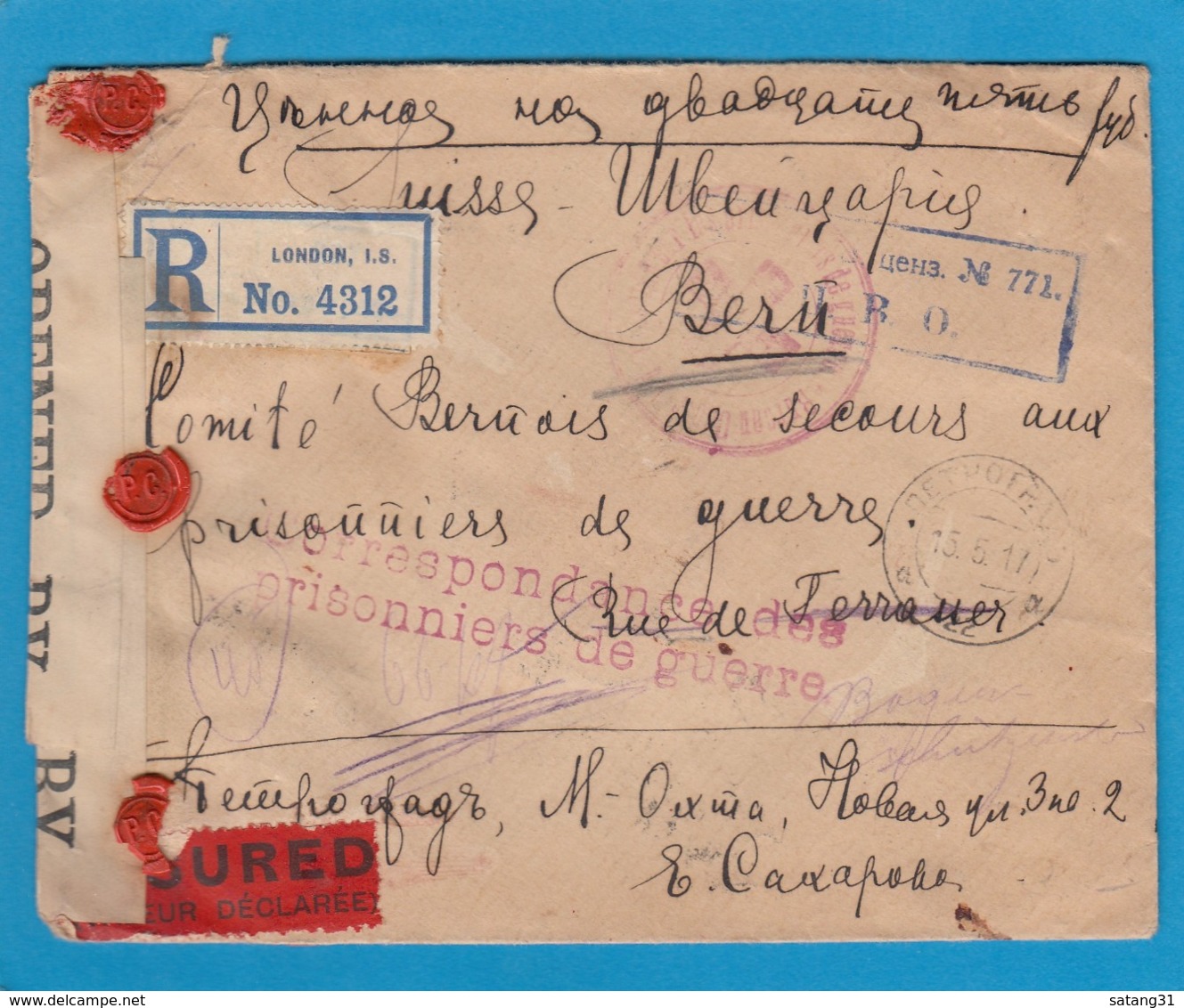 LETTRE,VALEUR DÉCLARÉE,DE RUSSIE POUR LE COMITE BERNOIS DE SECOURS AUX PRISONNIERS DE GUERRE,OUVERTE PAR LA CENSURE ANGL - Militaria