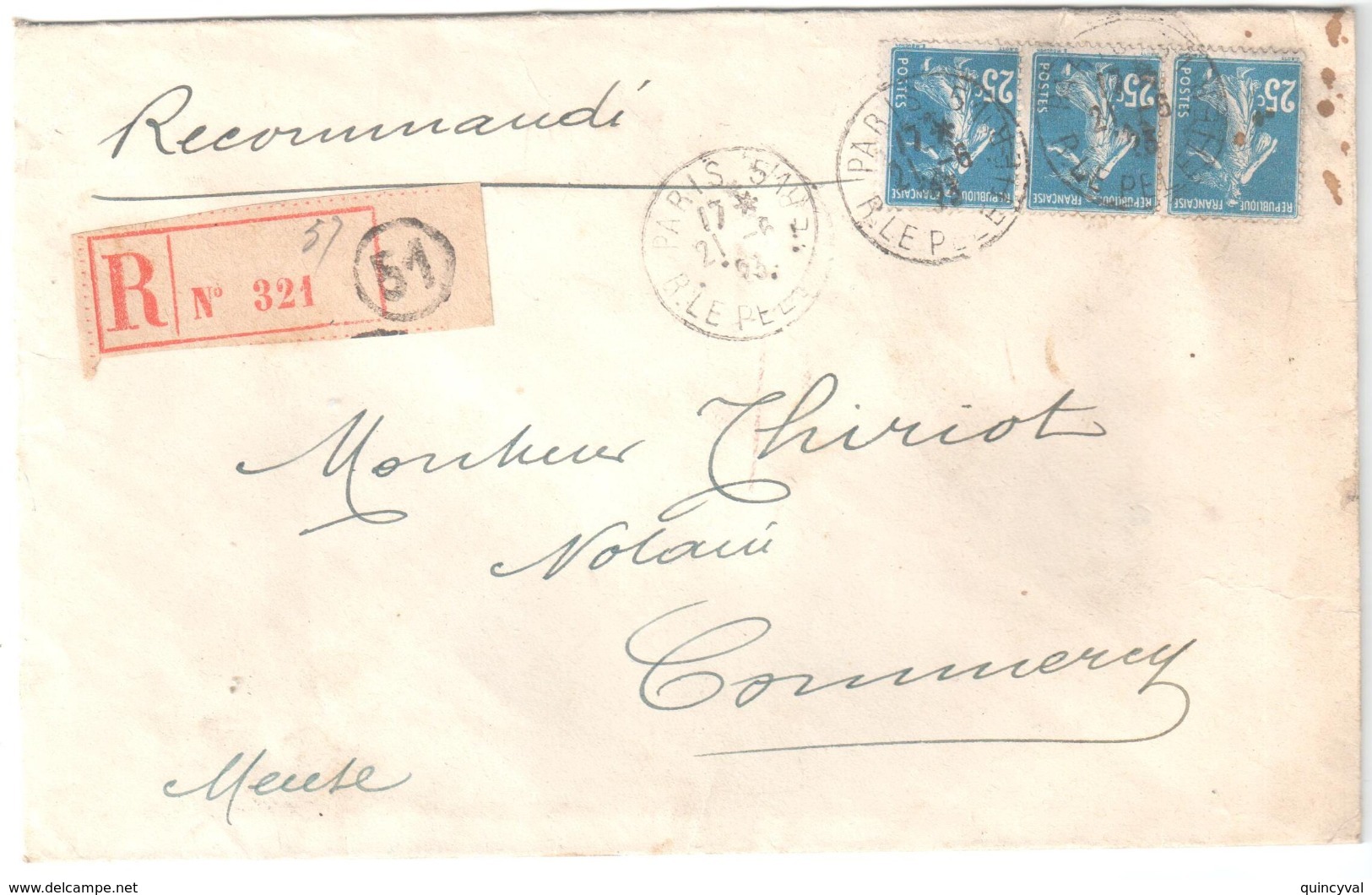 PARIS 51 R Lepeltier Lettre Recommandée 25c Semeuse Camée Bleu Yv 140 Bande De 3 Ob 1923 Exp Agente Change Perquel Verso - Storia Postale