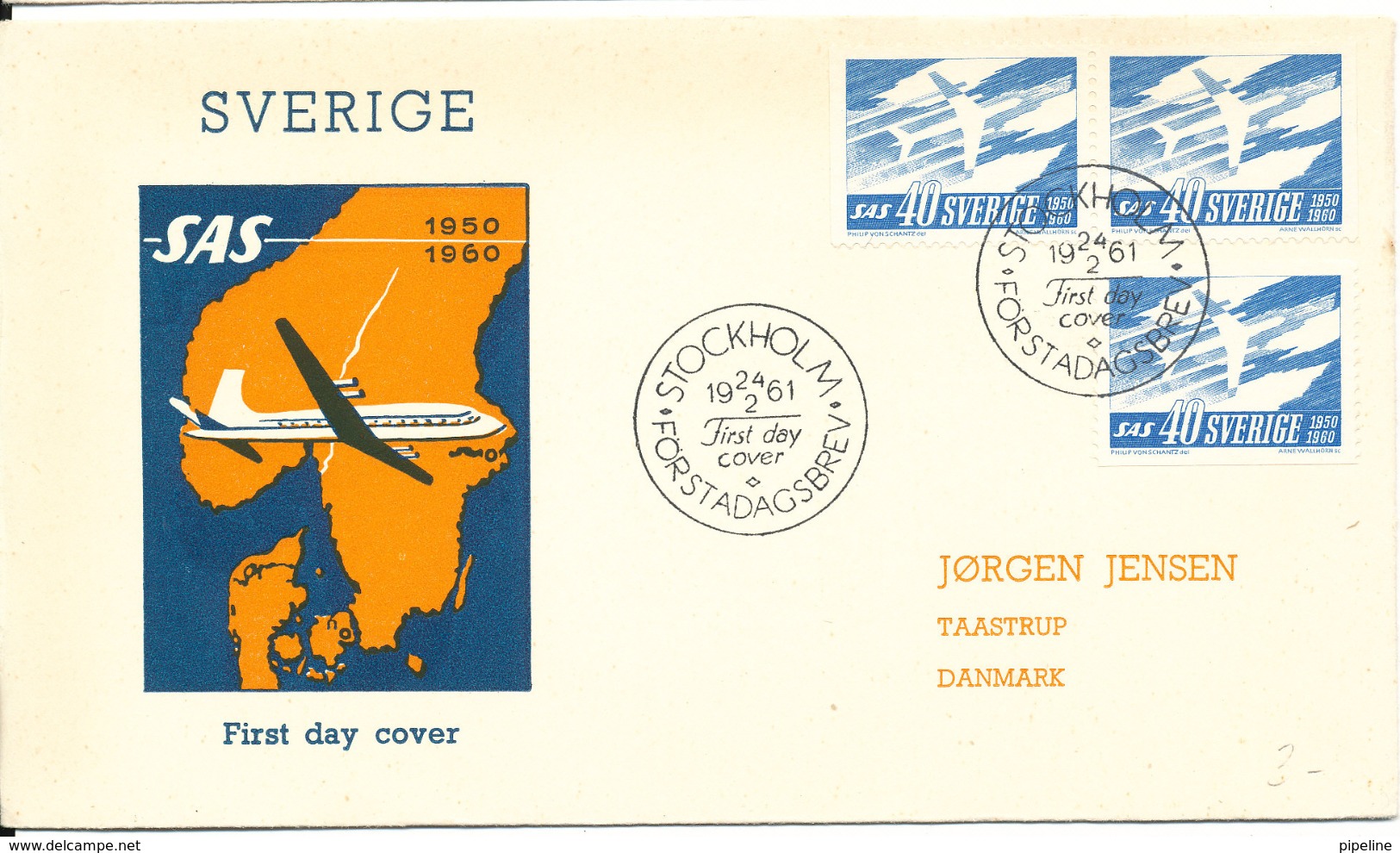 Sweden FDC 24-2-1961 SAS 10 Years Anniversary With Cachet Sent To Denmark - FDC