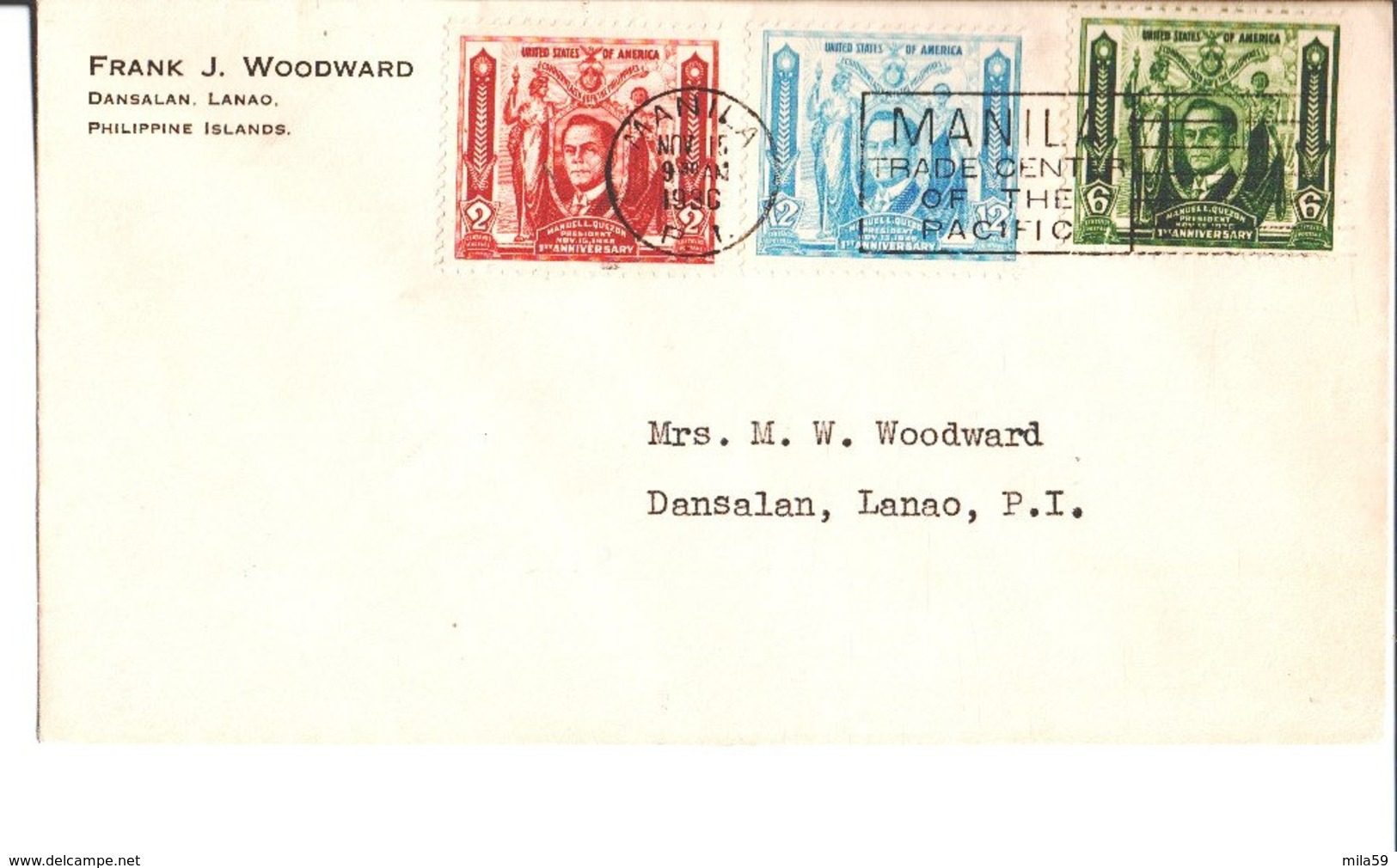 Env Frank J. Woodward Dansalan. Lanao. Philippine Islands. Timbres Manuel L. Quezon. Cachet Manila 1936. - United States