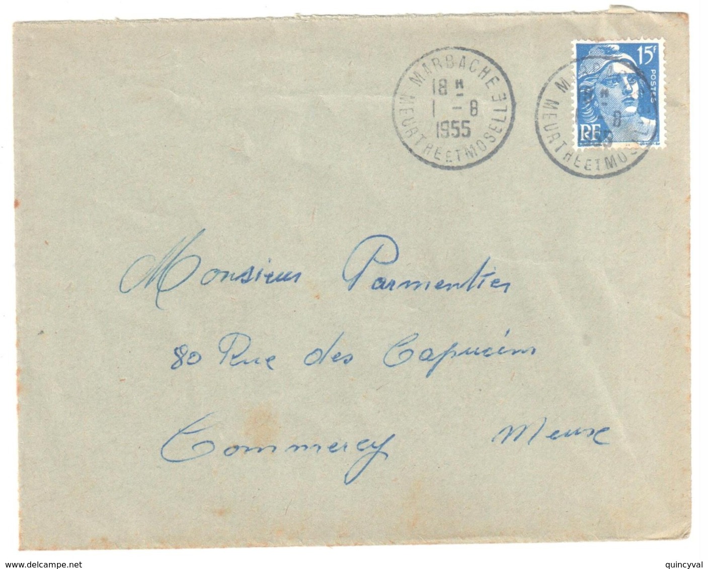 MARBACHE Meurthe Et Moselle Lettre 15 F Gandon Bleu Yv 886 Ob 1 8 1955 - Covers & Documents