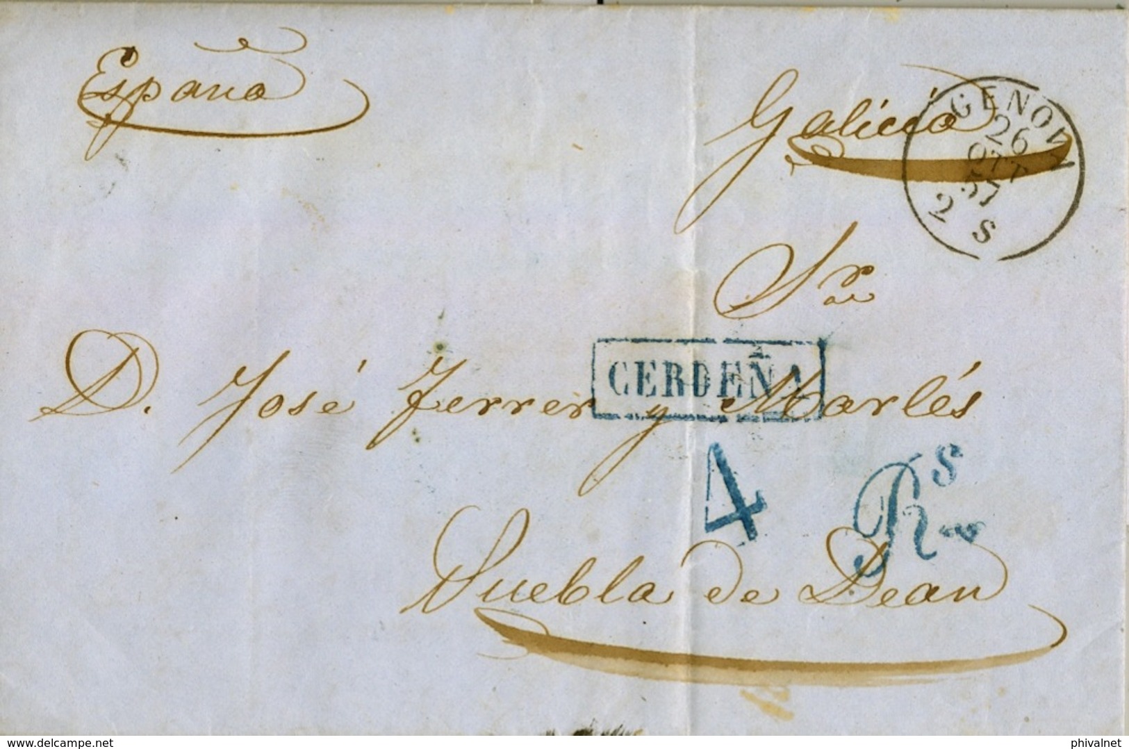 1857 , GENOVA / PUEBLA DEL CARAMIÑAL , MARCA DE LLEGADA " CERDEÑA " EN AZUL  , NIZZA - MARSEILLE , LUGO , NOYA - ...-1850 Prephilately