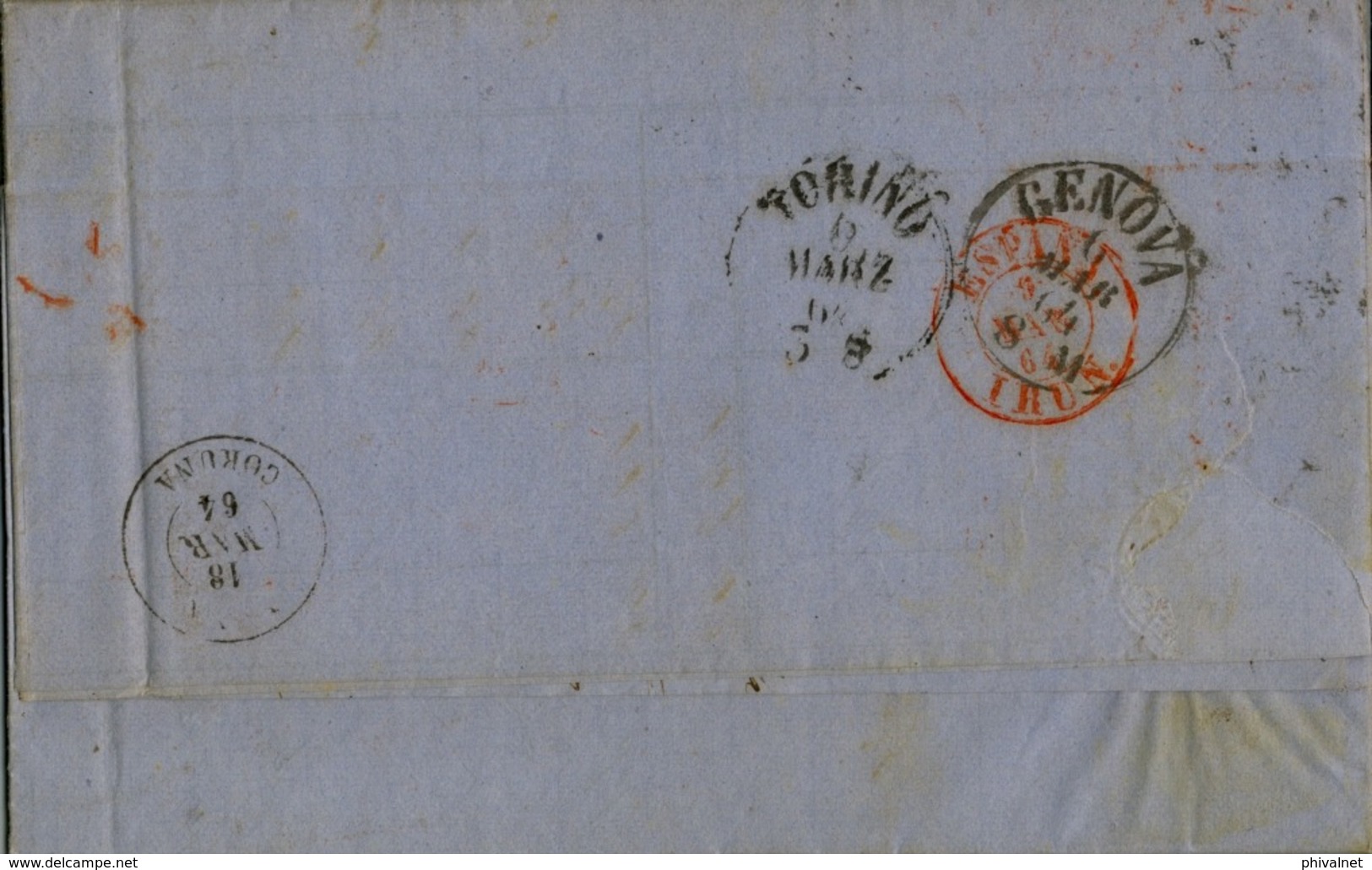 1864 , LIVORNO / PUEBLA DEL CARAMIÑAL , MARCA DE LLEGADA " CERDEÑA " EN ROJO  , TORINO , GENOVA , IRÚN , NOYA - ...-1850 Prephilately