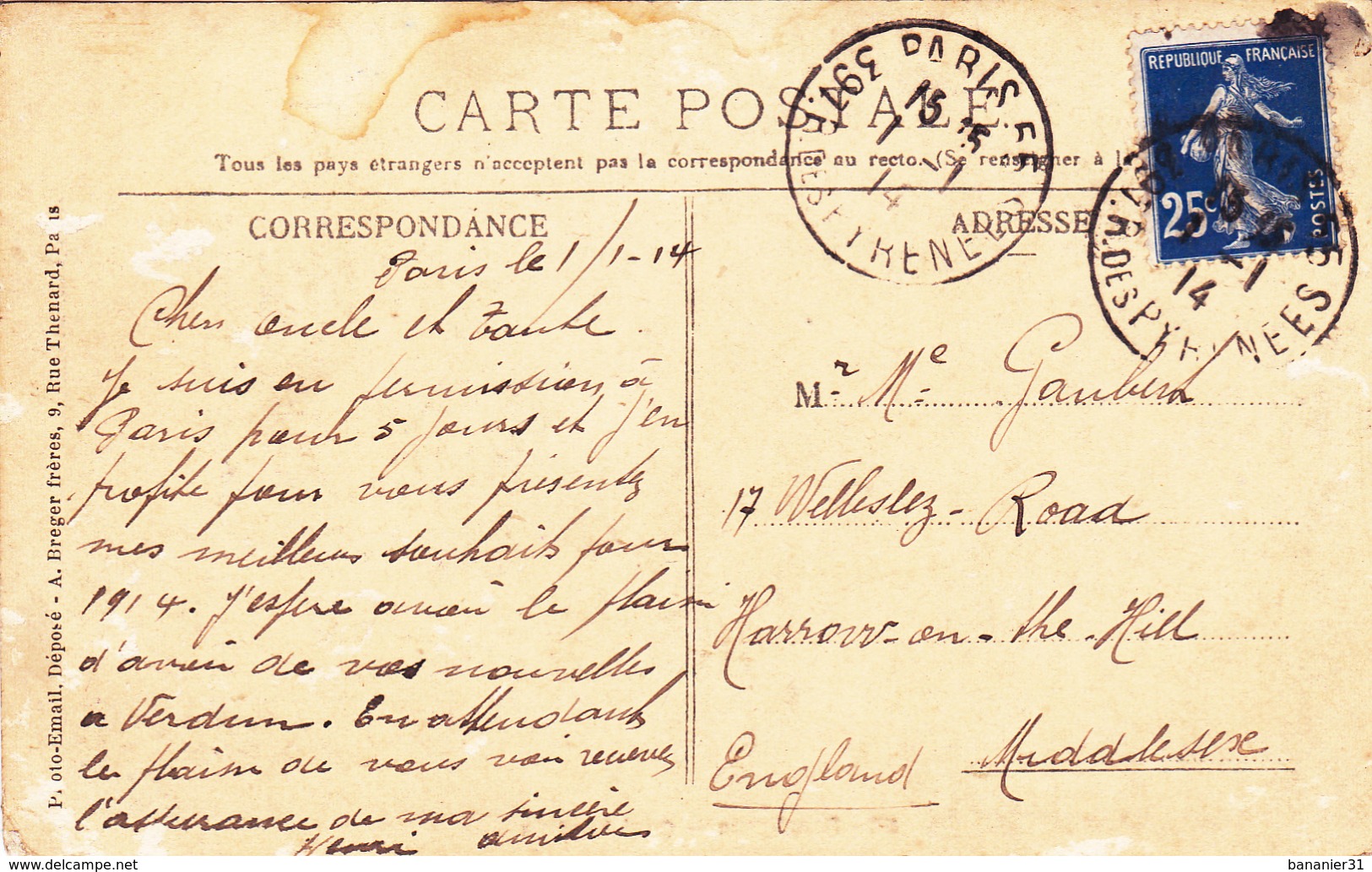 CPA 66 @ PERPIGNAN En 1914 - Quai Vauban - Timbre Semeuse 25 Centimes En 1914 ! - Perpignan