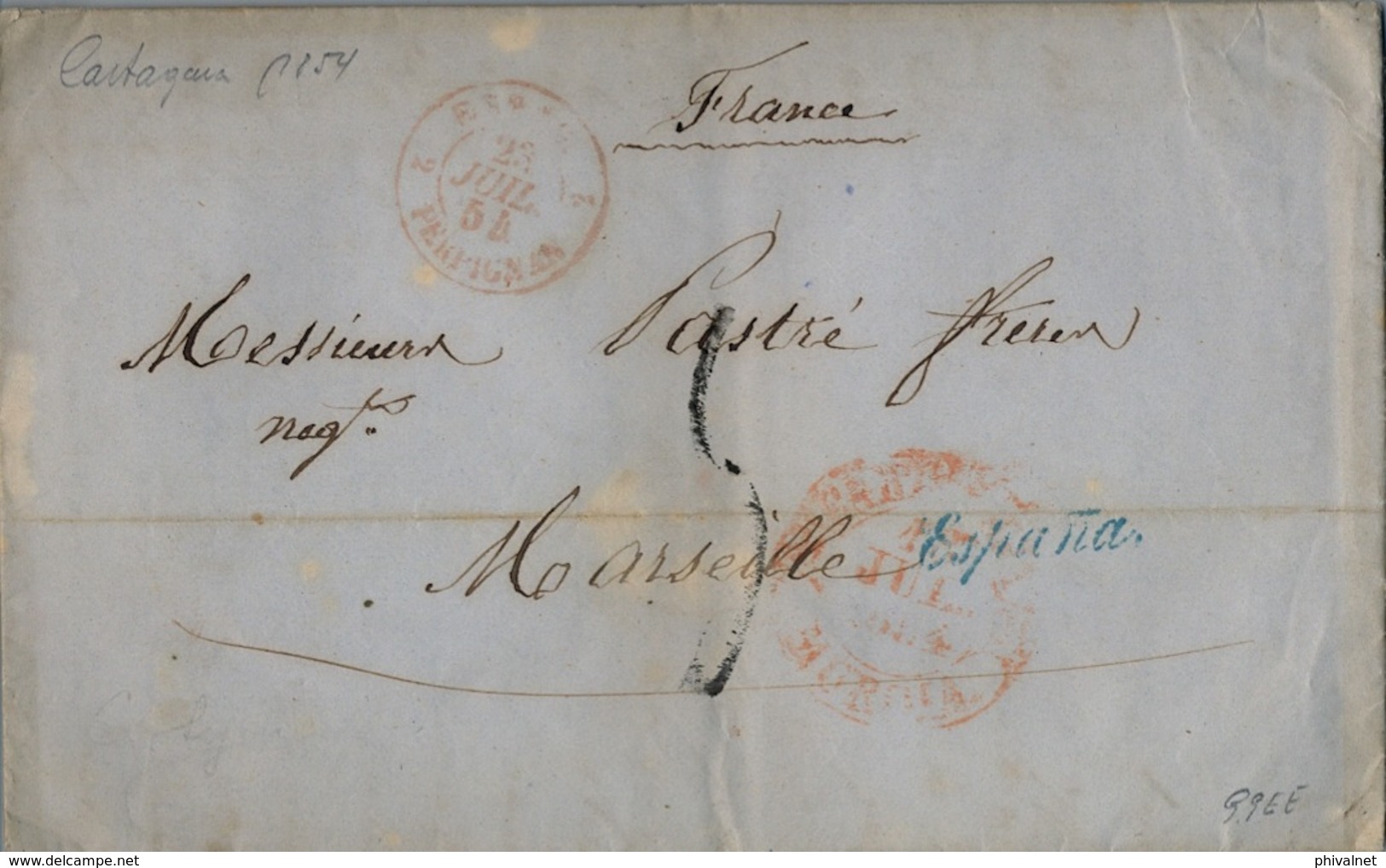 1854 , MURCIA , CARTAGENA / MARSELLA , MARCA DE SALIDA DE LA JUNQUERA " ESPAÑA " , BAEZA , PERPIGNAN , LLEGADA - ...-1850 Préphilatélie