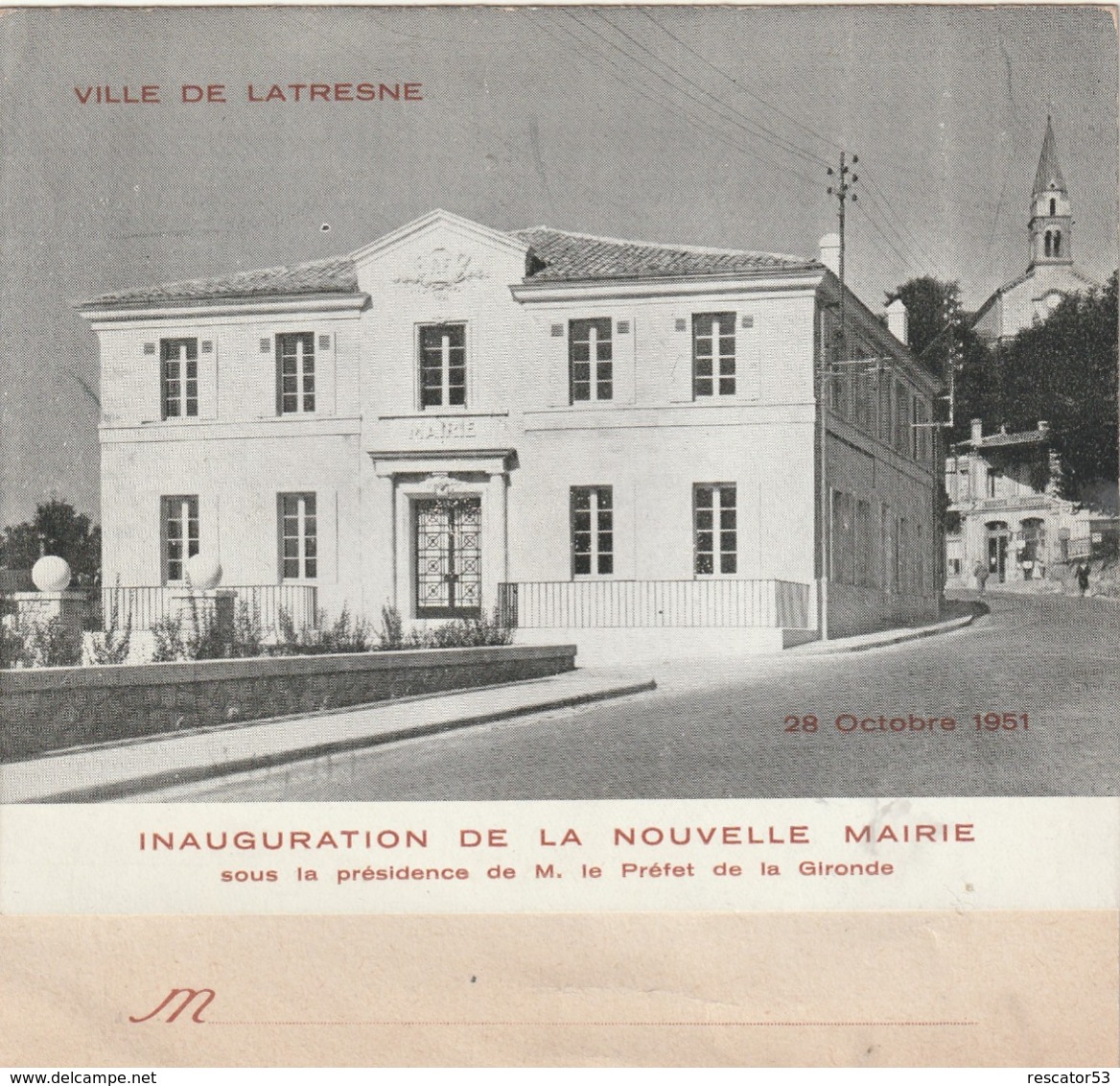 Rare Ville De Latresne Menu D'inauguration De La Nouvelle Mairie 28 Octobre 1951 - Autres & Non Classés