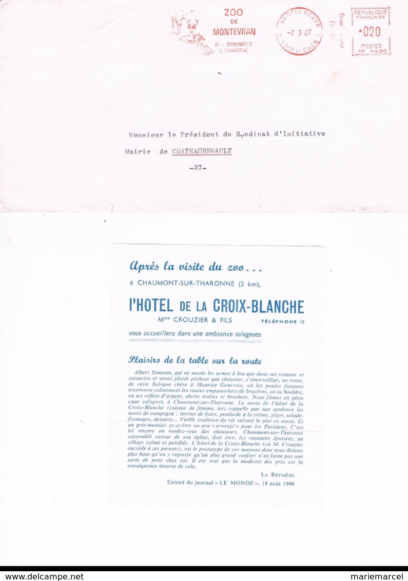 EMA.ZOO MONTEVRAN 41 CHAUMONT-SUR-THARONNE.LA MOTTE-BEUVRON.PUB.HÔTEL DE LA CROIX-BLANCHE.COURRIERS. 37 CHATEAU-RENAULT. - Unclassified