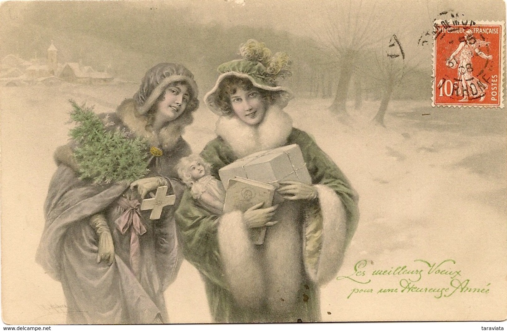 Bonne Année WICHERA Illustrateur VIENNOISE - DEUX FEMMES AVEC CADEAUX SAPIN NEIGE - Chapeaux - M M Vienne N° 283 - Wichera