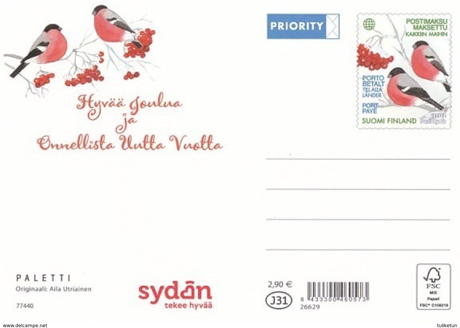 Postal Stationery - Birds - Bullfinches In Winter Landscape - Finnish Heart Association - Suomi Finland - Postage Paid - Interi Postali