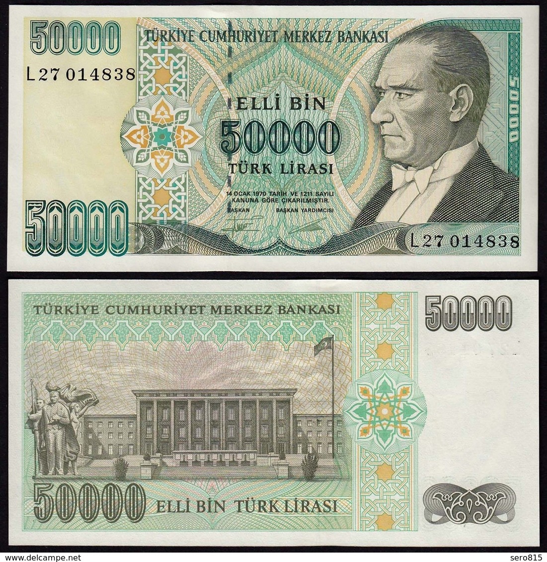 Türkei - Turkey 50000 Lira Banknote 1970 (1989) Pick 203 UNC ATATÜRK (15784 - Turquie