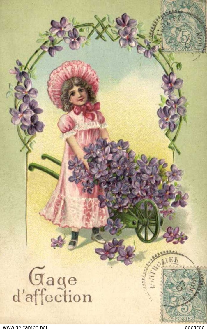 Illustrateur Fillette Avec Une Brouette De Violettes Gage D'affection Gauffrée RV Beau Cachet Montrozier Aveyron - Sonstige & Ohne Zuordnung