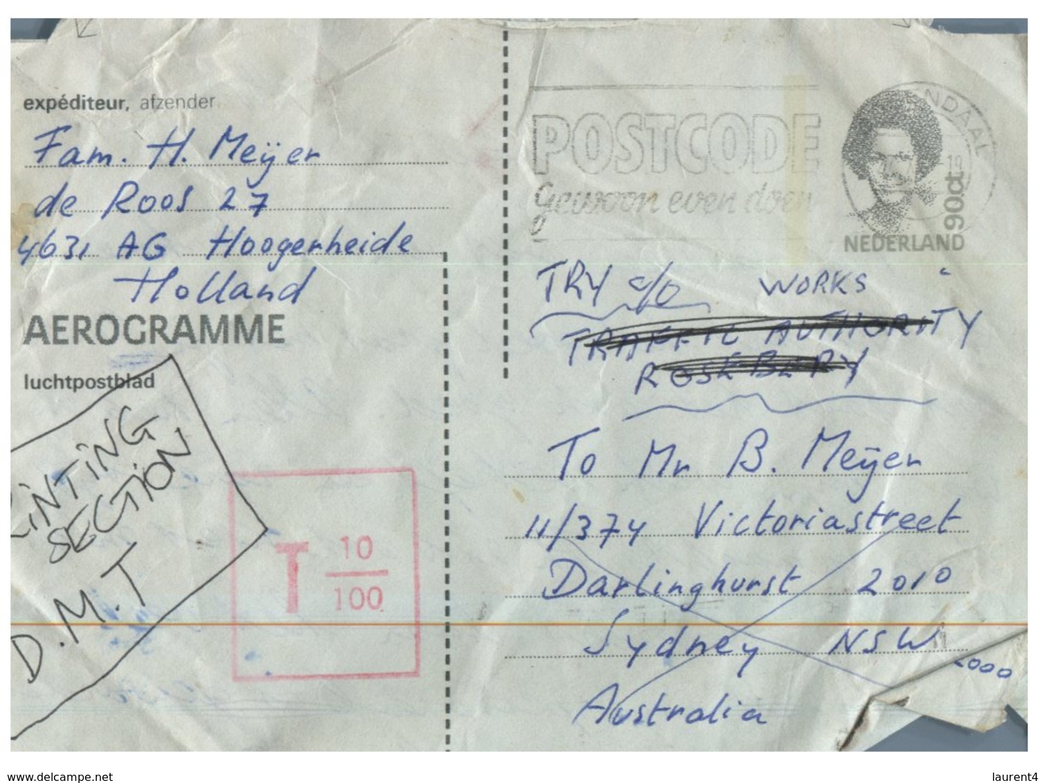 (ED 41) Aerogramme Cover - Netherlands  - 1960's - Sent To Australia Underpaid And Taxed - Unclassified