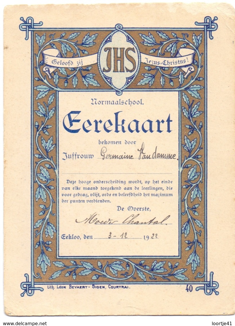 Erekaart Germaine Vandamme - Normaalschool Eeklo 1922 - Diploma's En Schoolrapporten