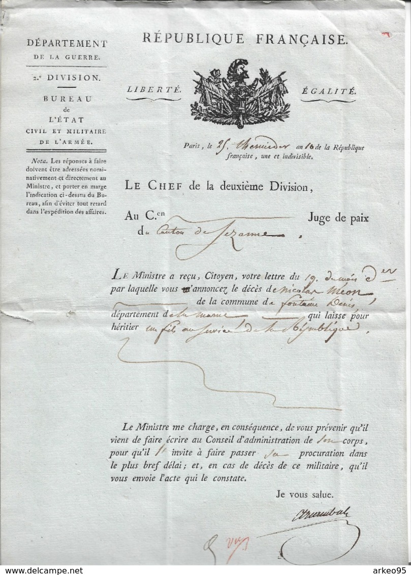 Lettre Du Ministère De La Guerre Au Juge De Paix Du Canton De Sézanne, 25 Thermidor An 10 - Documents Historiques