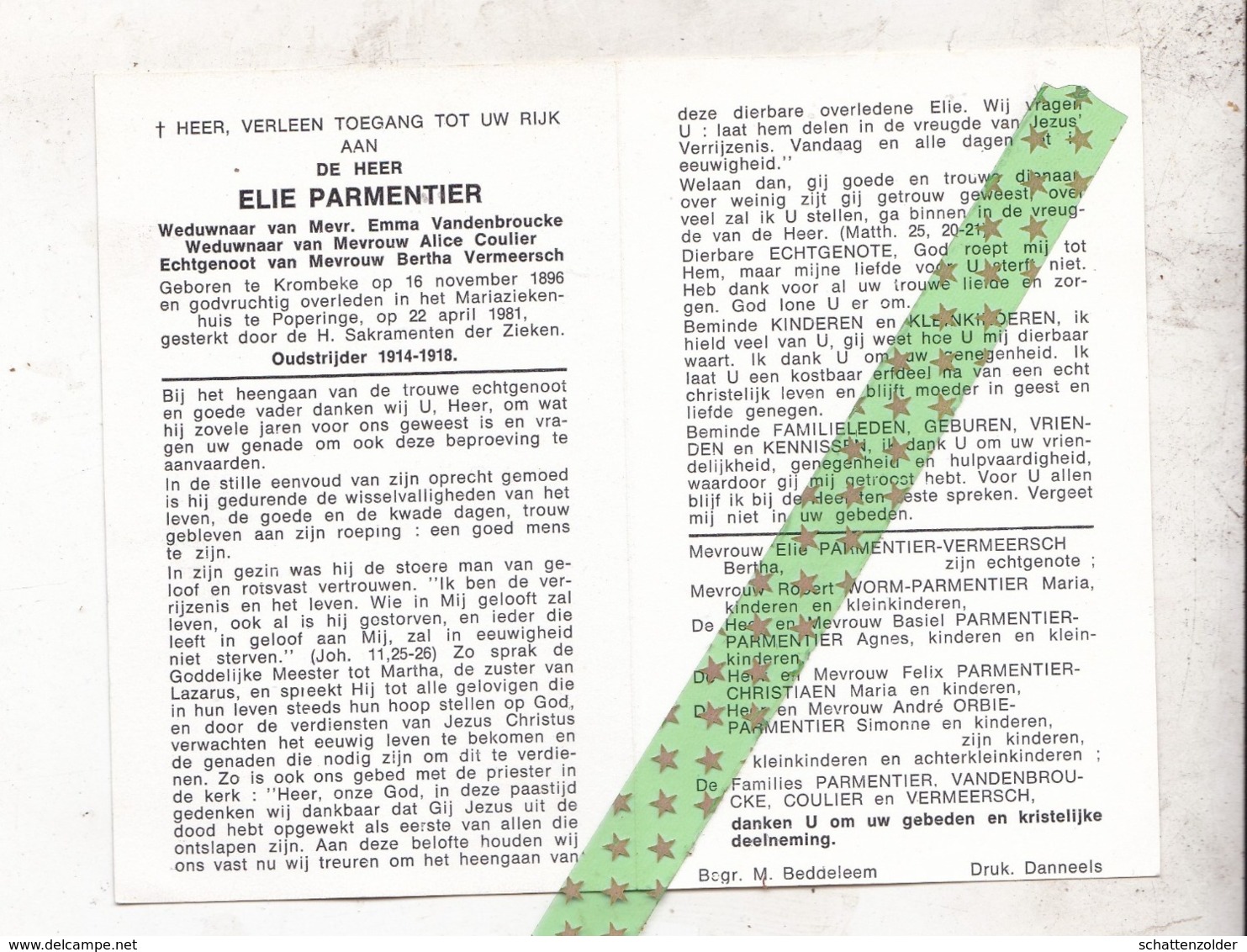 Elie Parmentier-Vandenbroucke-Coulier-Vermeersch, Geboren Krombeke 1896, Overleden Poperinge1981. Oud-strijder 14-18 - Décès