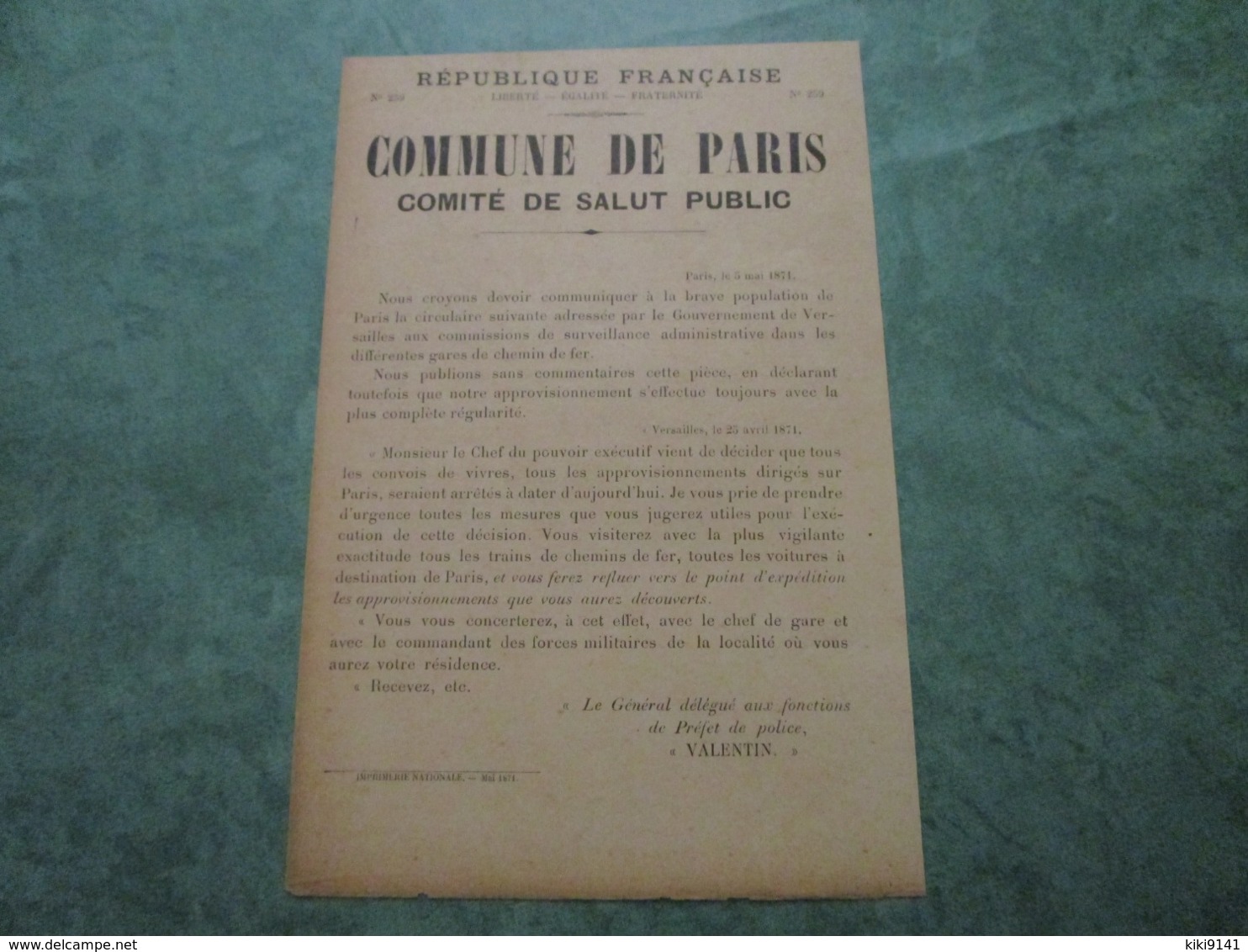 COMMUNE DE PARIS - Comité De Salut Public - Embargo Alimentaire (5 Mai 1871) - Documentos Históricos