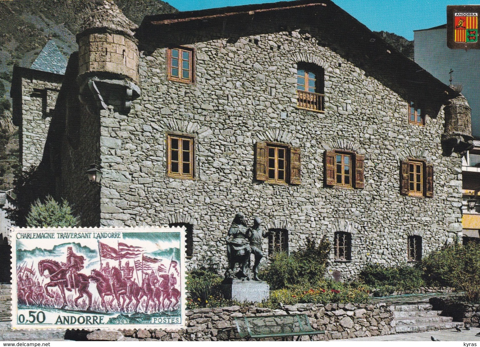 Timbre S/ C.P.M. ANDORRE. 0.50 Rouge / Vert Non Oblitéré . Charlemagne Traversant L'Andorre . Casa De La Vall - Cartas & Documentos