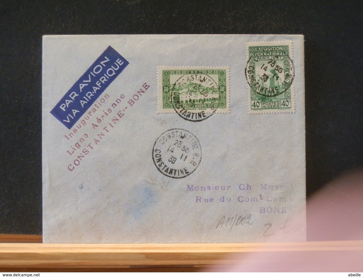 A11/062 LETTRE  ALGERIE  19381° VOL  CONSTANTINE - BONE - FDC