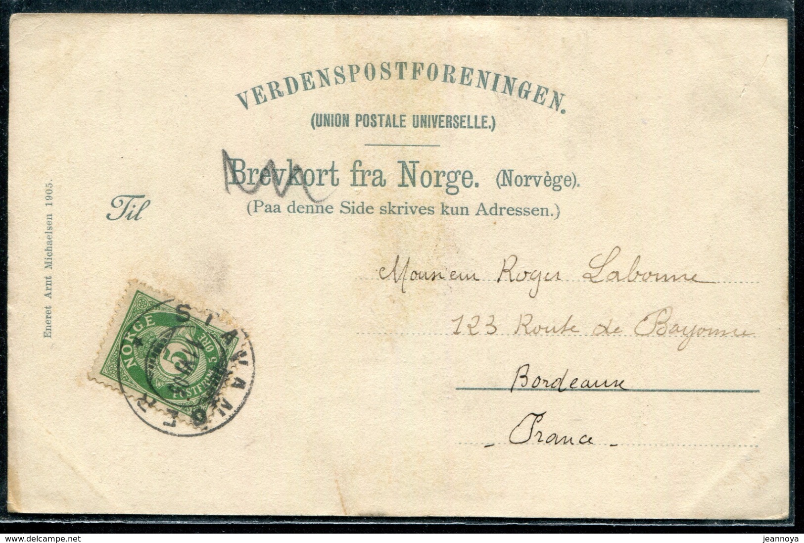 NORVEGE - N° 49 / CP DE STAVANGER LE 11/6/1905 POUR BORDEAUX - TB - Cartas & Documentos